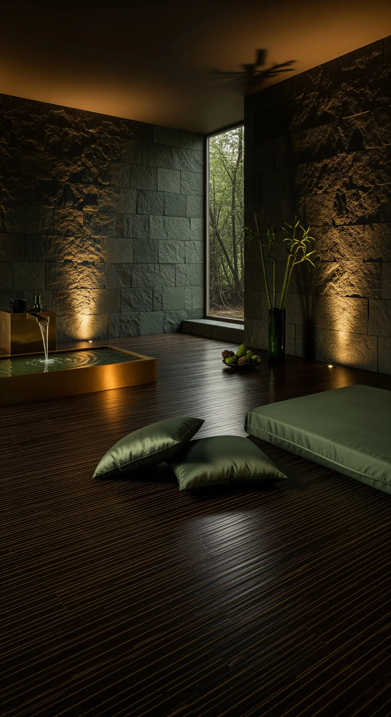 Dunkle Natursteinwände, Messing-Wasserspiel, grüne Sitzkissen, Holzboden
