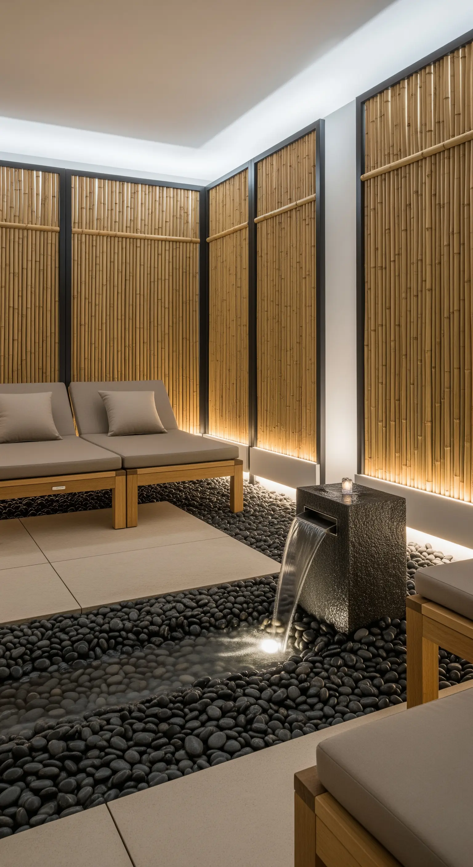 Zen-Garten mit Bambuswänden, Wasserfall und Liegeflächen auf schwarzen Flusskieseln