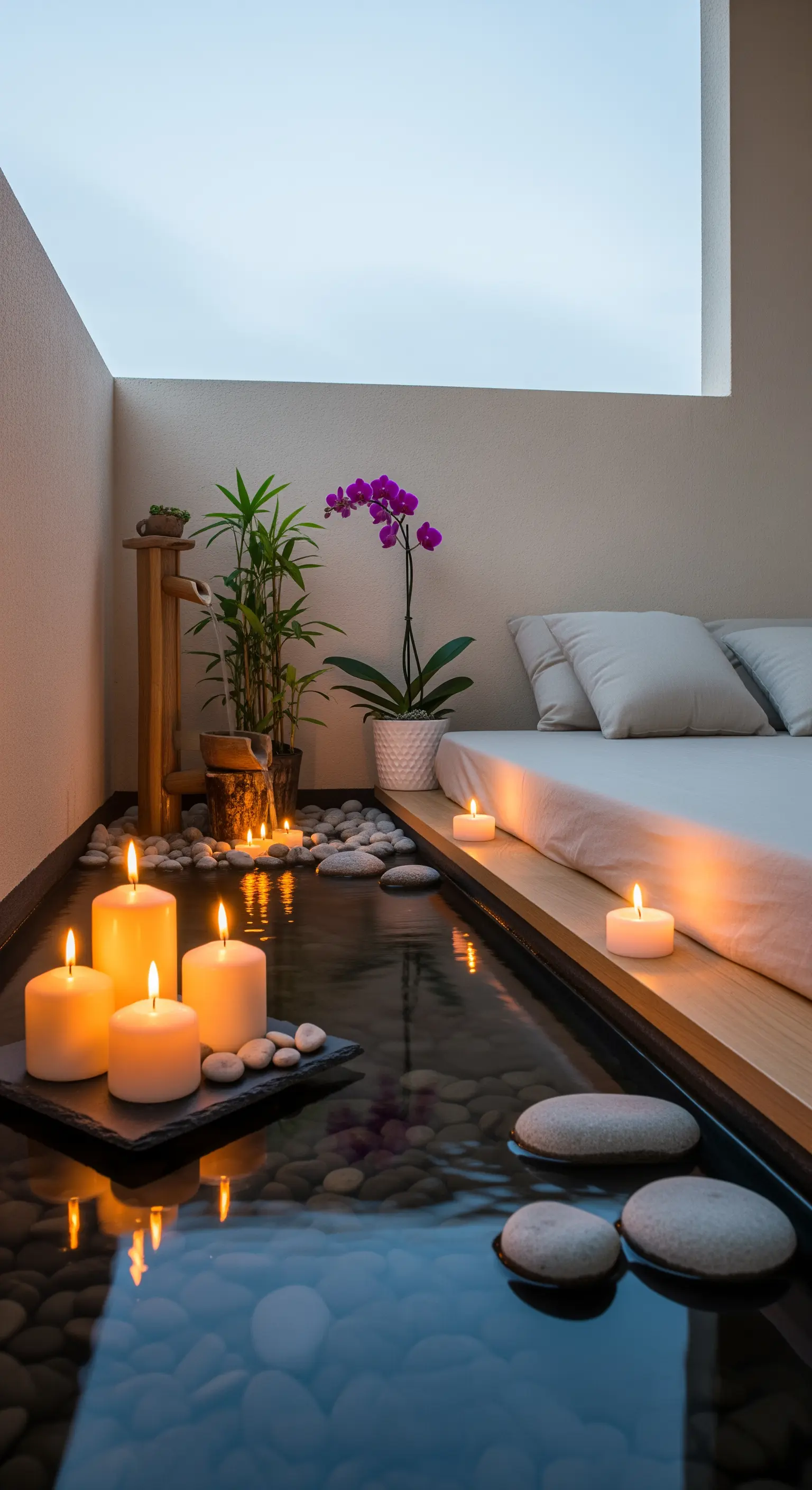 Minimalistischer Balkon im Japandi-Stil mit Wasserbecken und schwimmenden Kerzen