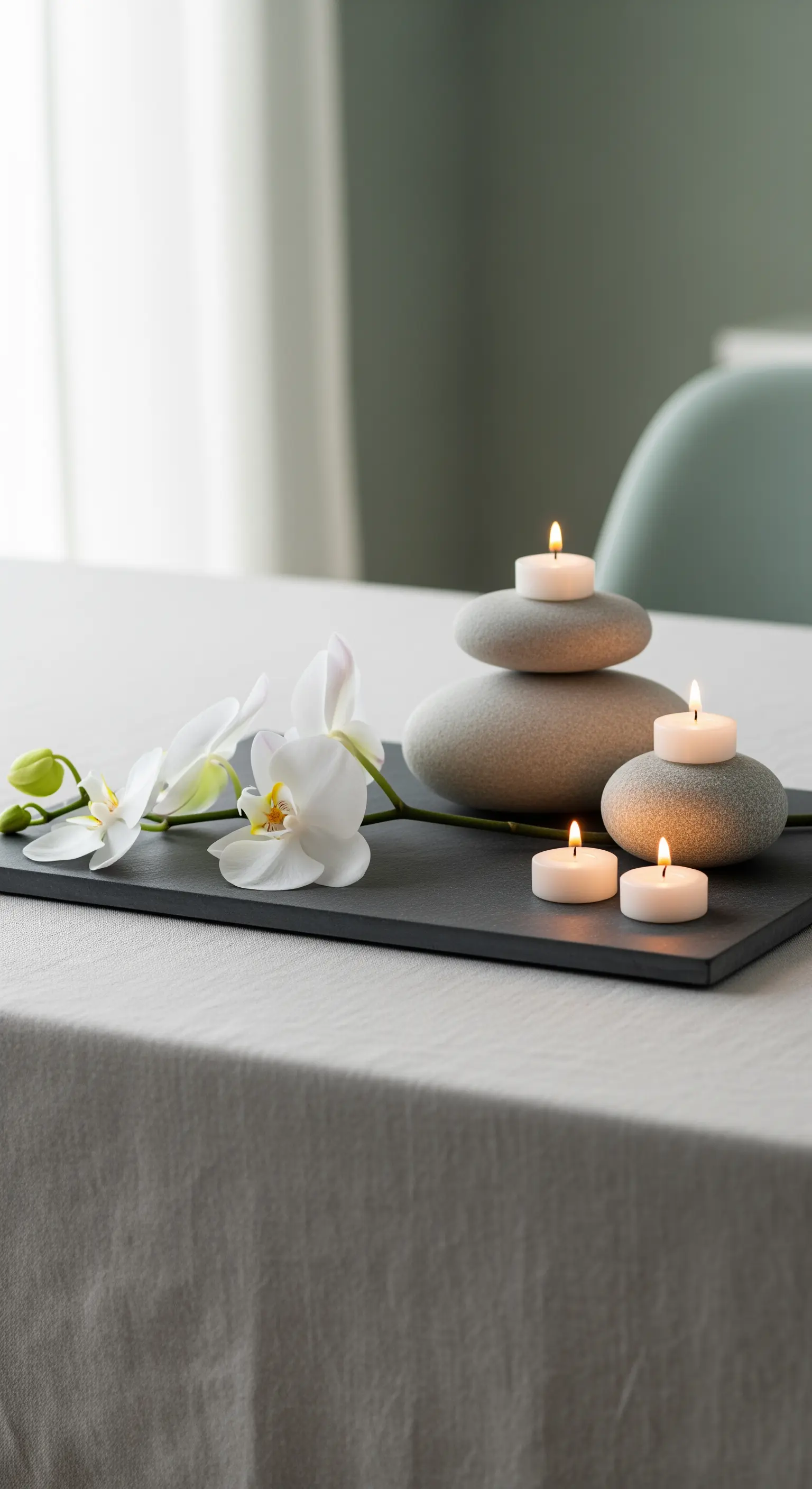 Minimalistische Osterdeko: Zen-Steine, Orchidee und Teelichter