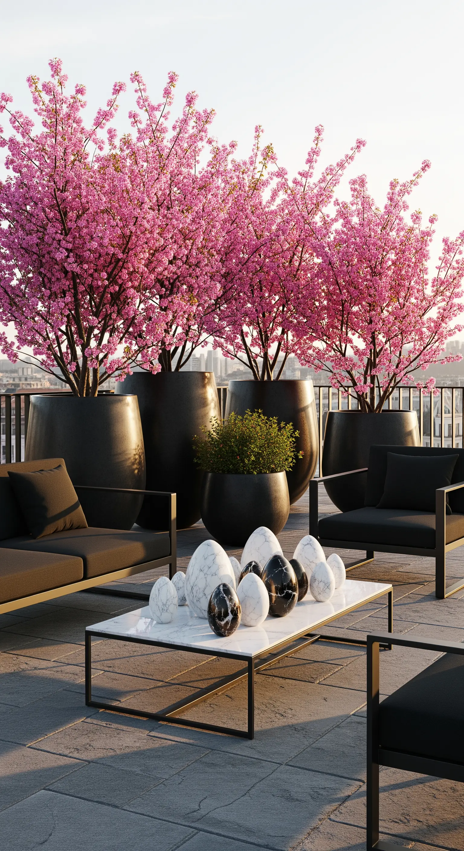 Moderne Terrasse mit blühenden Kirschbäumen in großen Töpfen und Marmor-Ostereiern