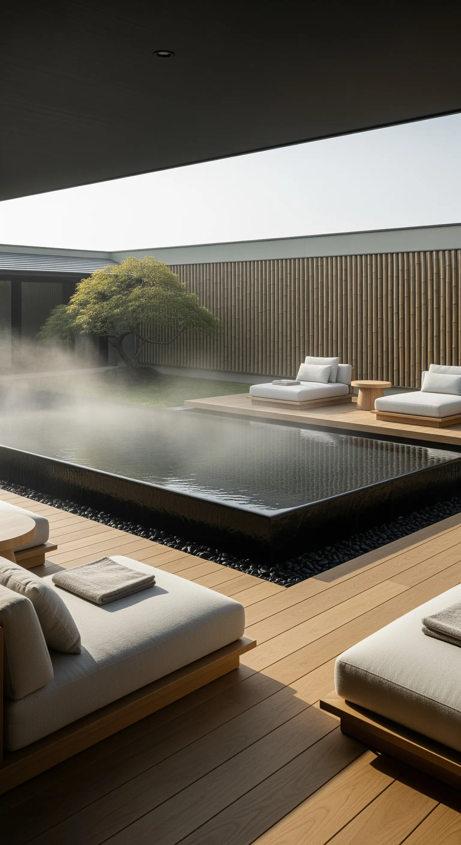 Japandi Pool mit Nebel, minimalistische Liegen, Holzdeck