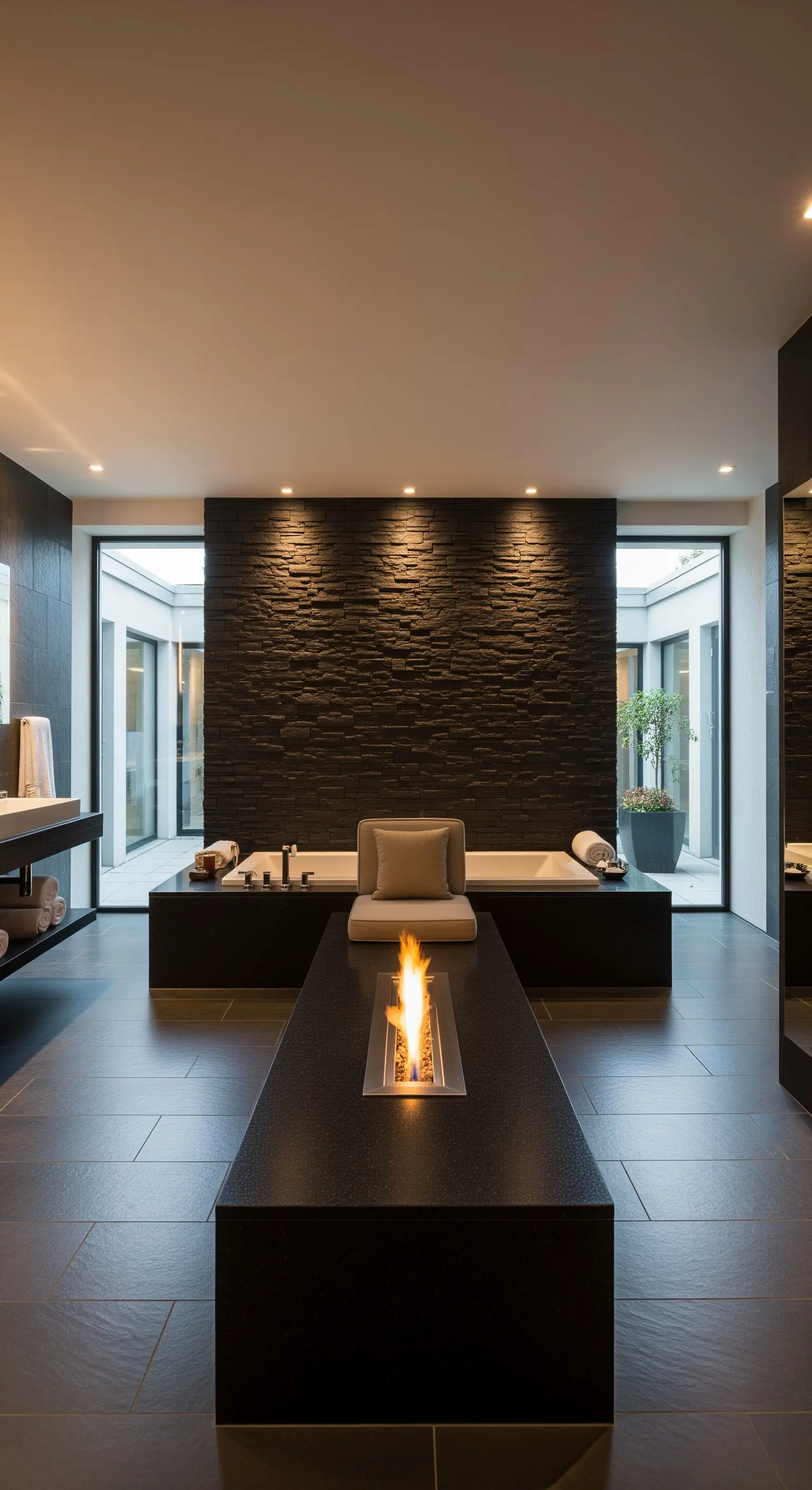 Luxuriöses Spa-Bad mit dunklem Stein-Podest, das Badewanne und eine lineare Feuerstelle integriert