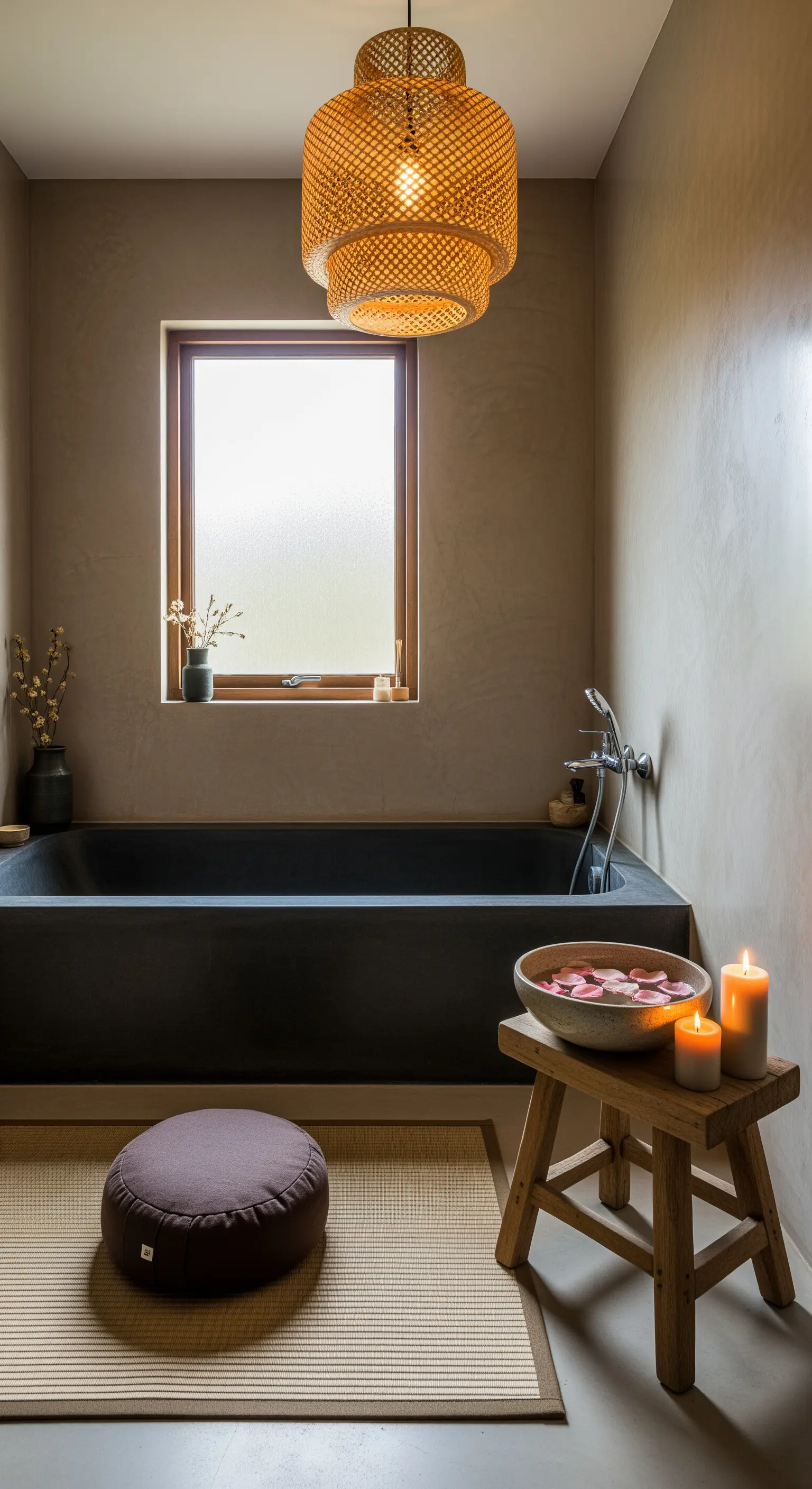 Minimalistisches Wabi-Sabi-Badezimmer mit dunkler Wanne und Bambuslampe.