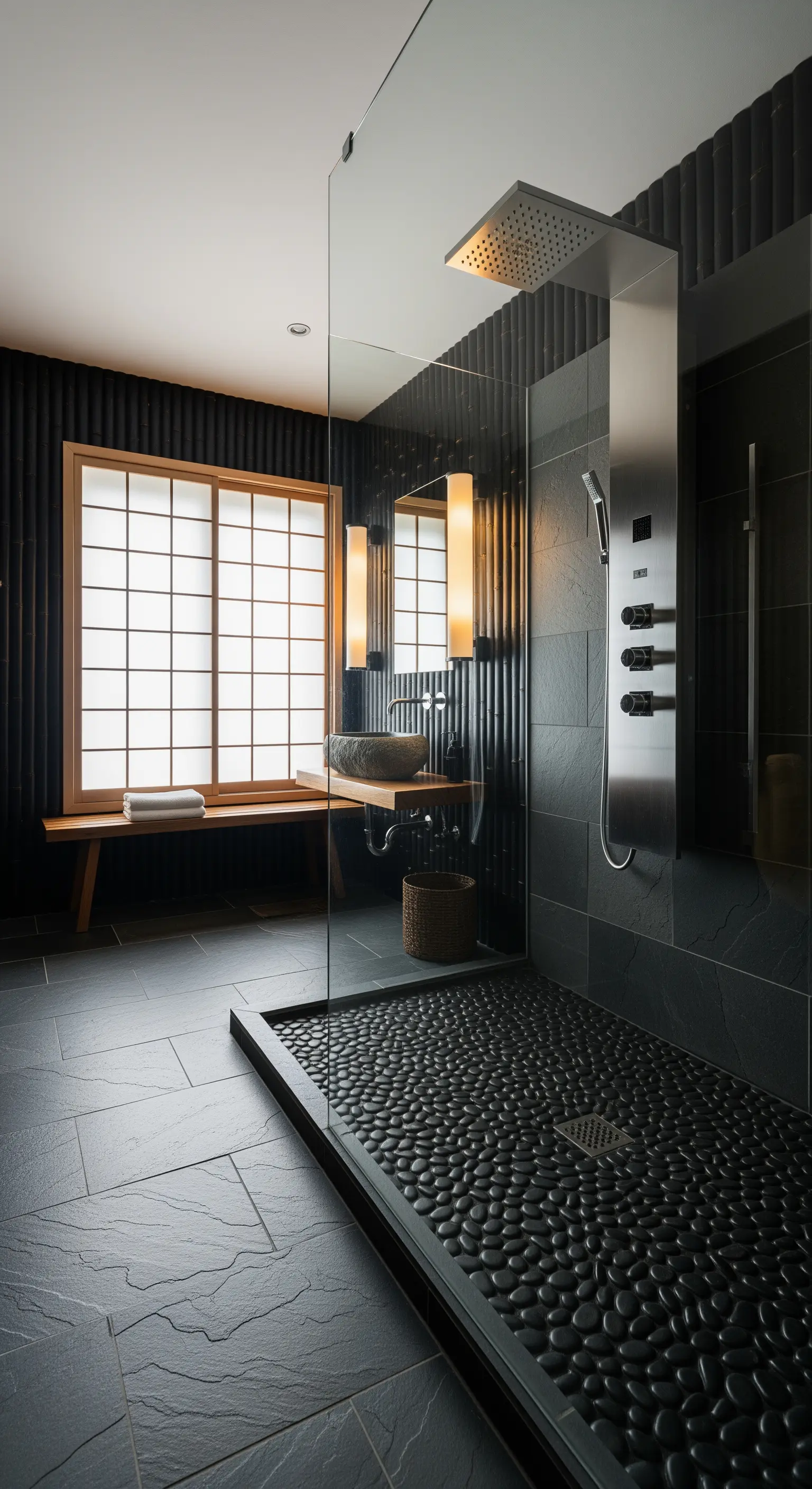 Japanisch inspiriertes Badezimmer mit schwarzem Schiefer und Kieselstein-Duschboden