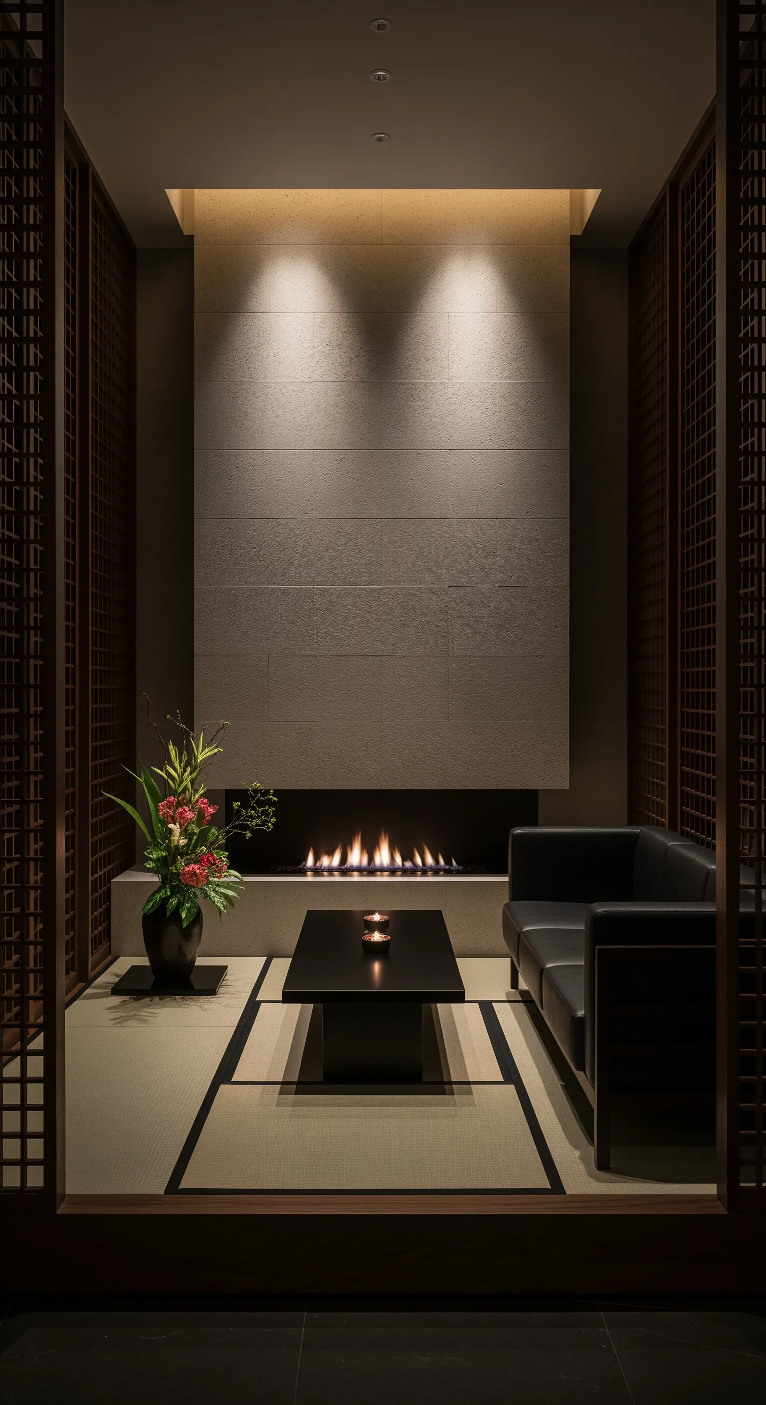 Minimalistische japanische Lounge mit niedrigem Gaskamin und Shoji-Elementen.