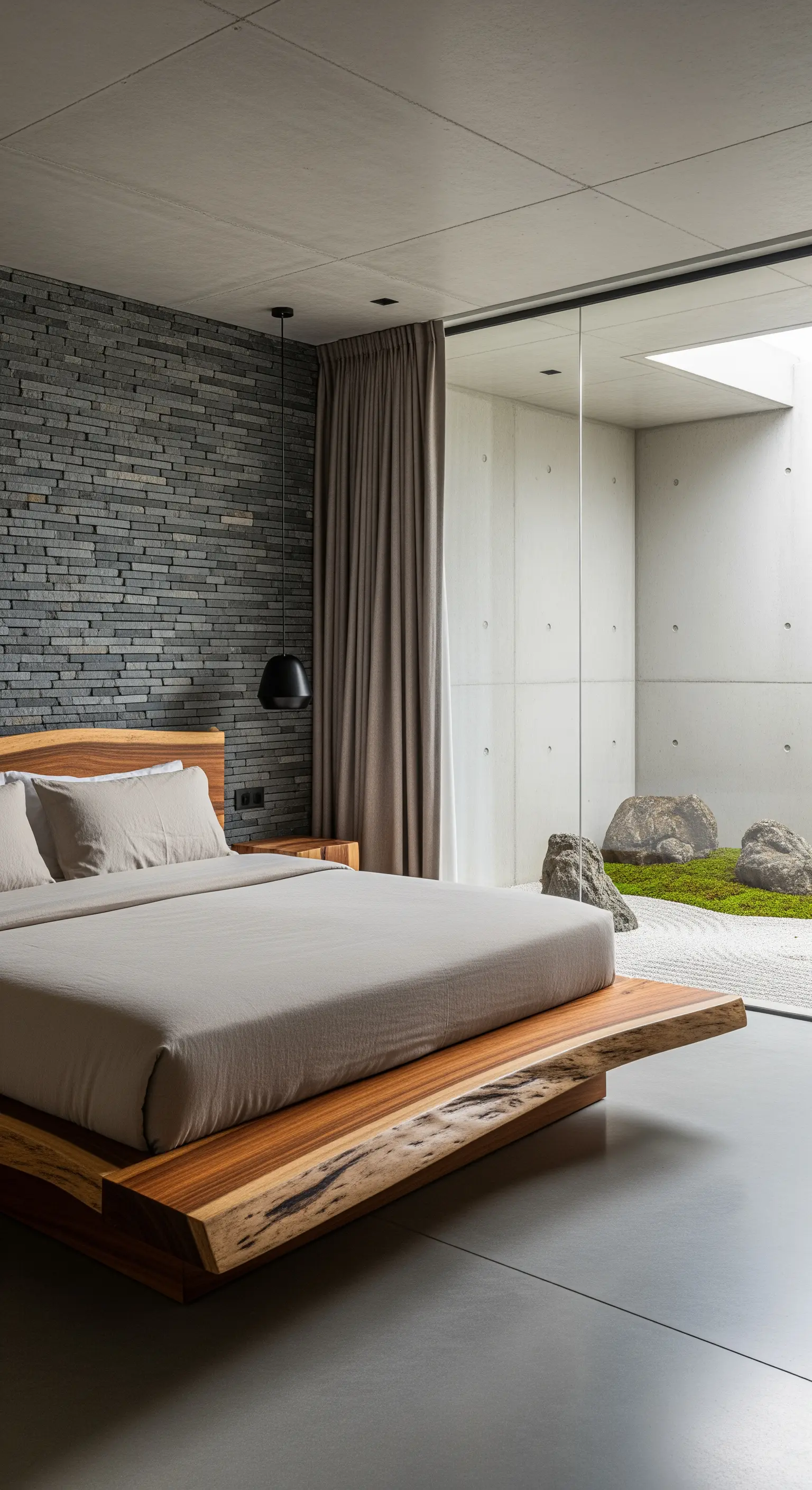 Schlafzimmer mit Schieferwand, Massivholzbett und Blick auf einen Zen-Garten.