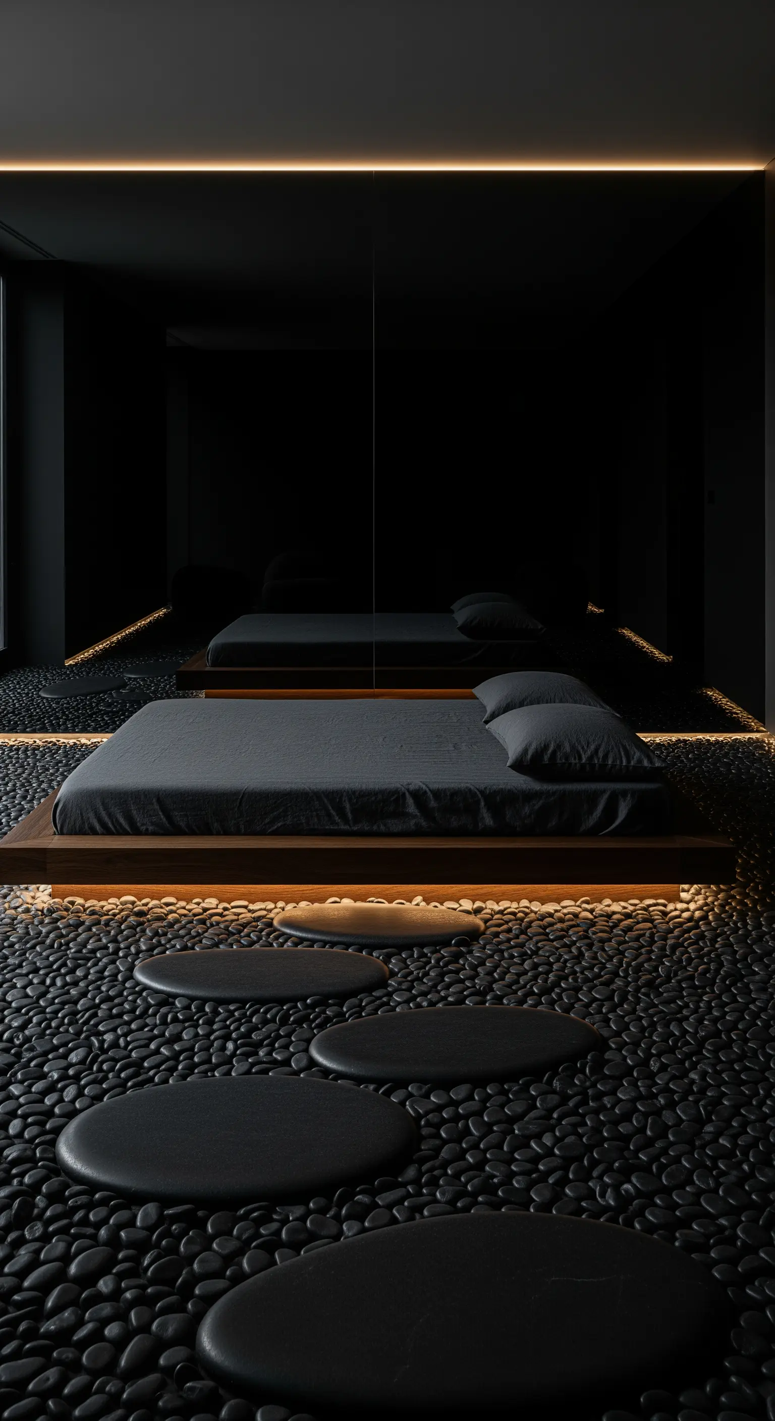 Zen-Schlafzimmer mit schwebendem Bett, Spiegelwand und Kiesboden