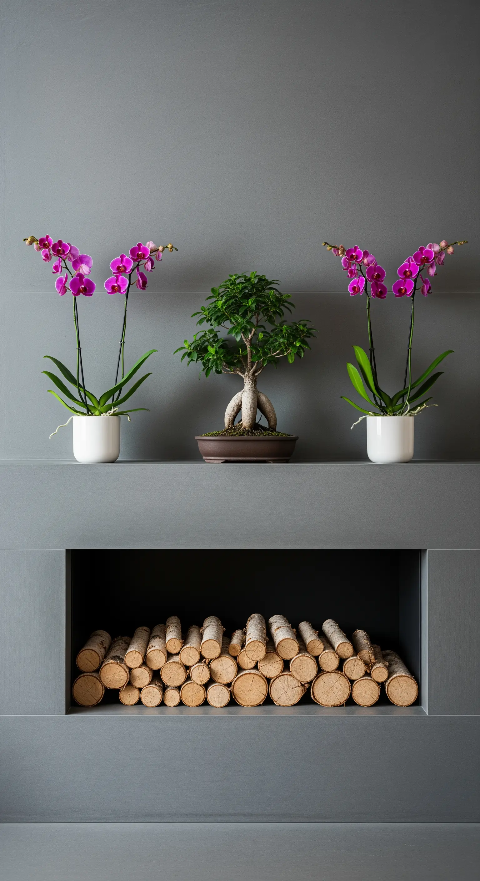 Moderner grauer Kamin mit zwei pinken Orchideen und einem Bonsai-Baum in der Mitte