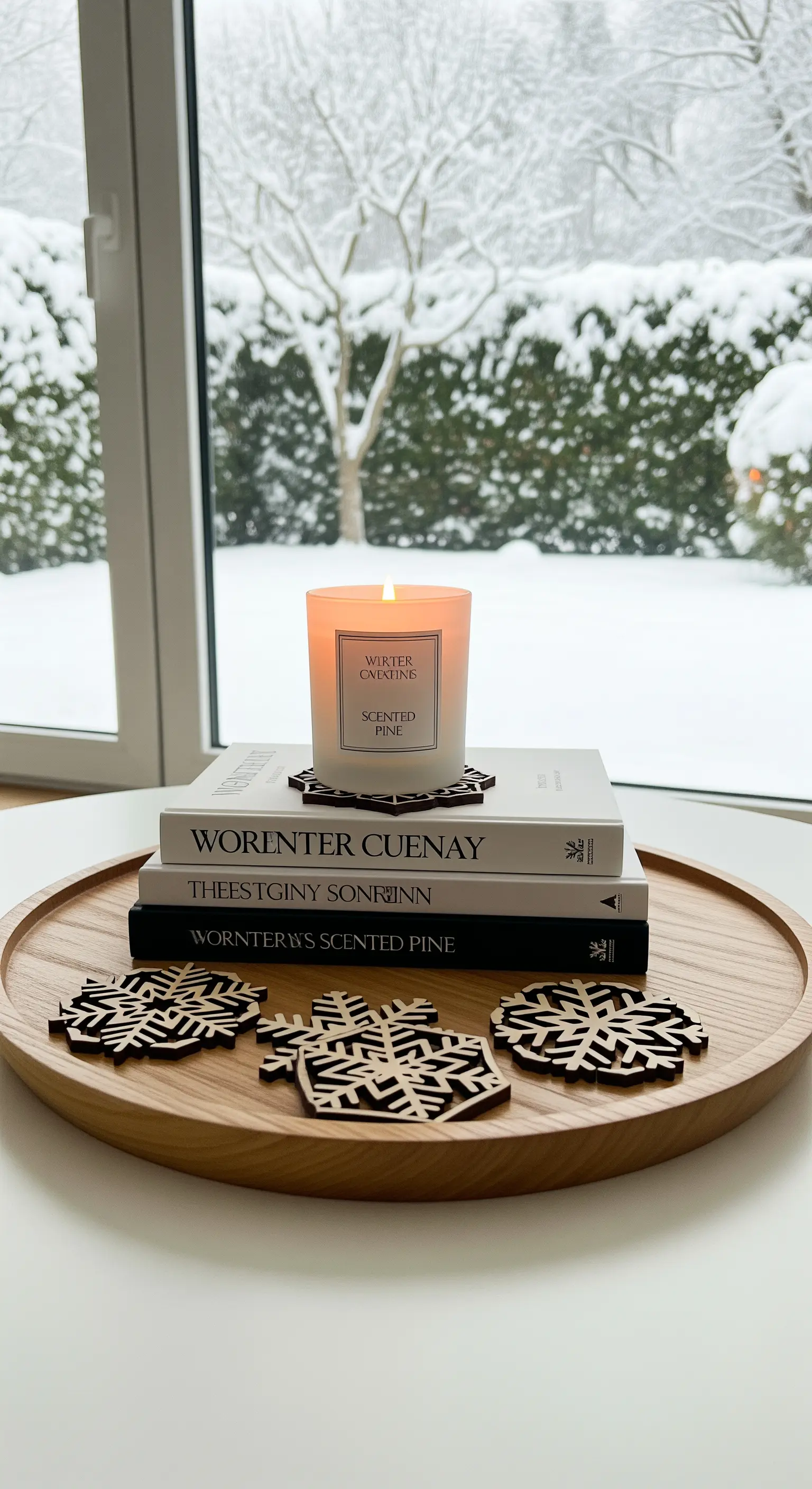 Holztablett mit Büchern, Duftkerze und Schneeflocken-Untersetzern am Fenster