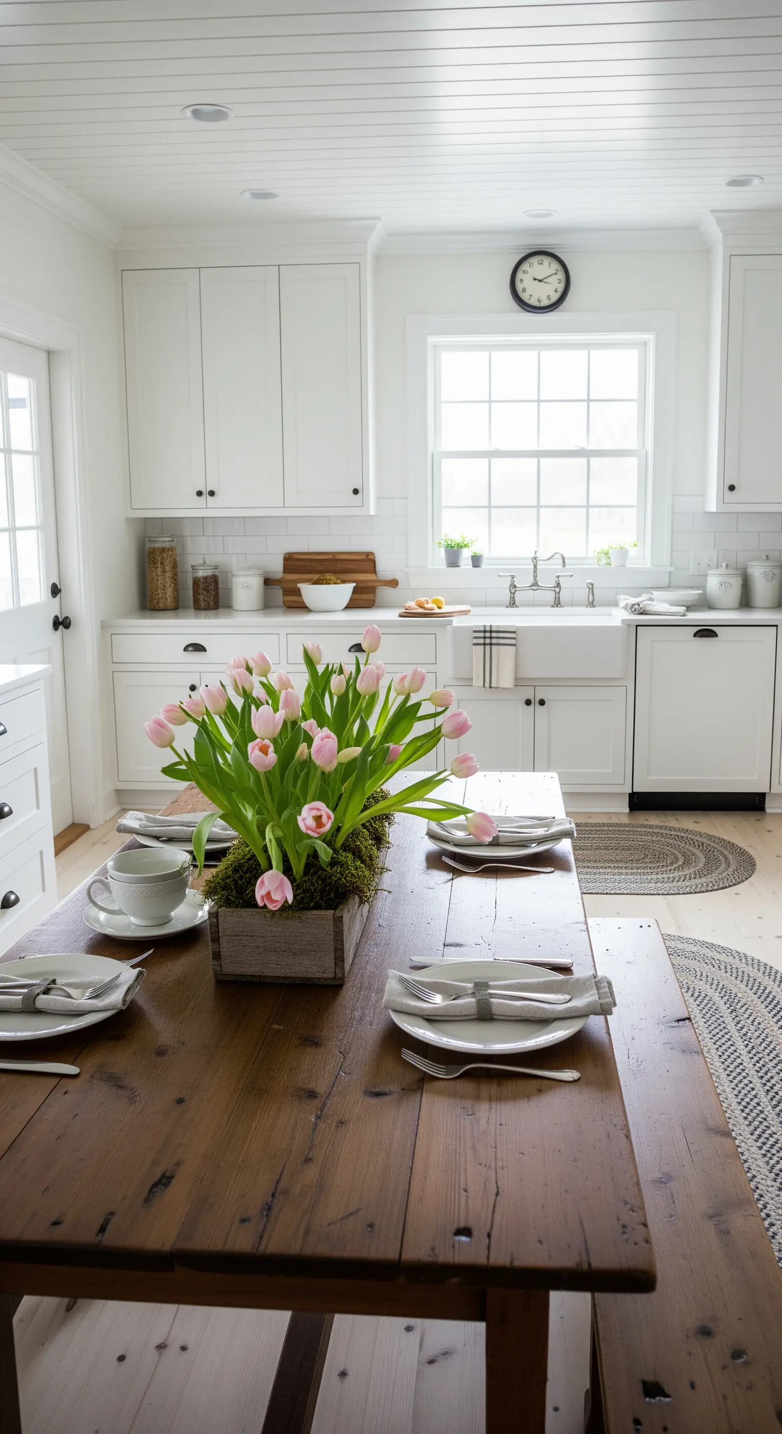 Pinke Tulpen und Moos in Holzkasten auf Esstisch mit weißem Geschirr