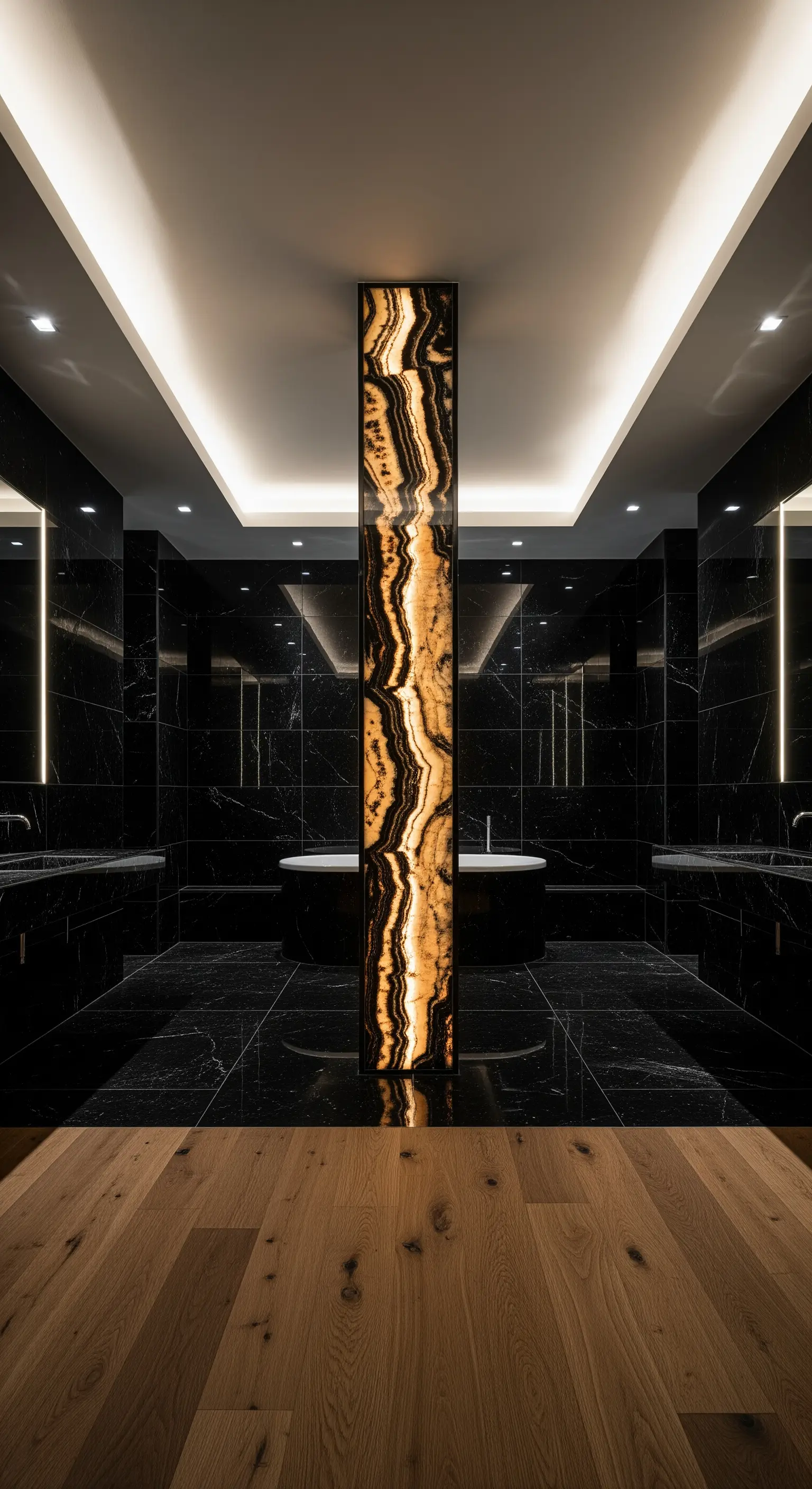 Beleuchteter Onyx-Monolith, schwarzes Marmorbad, Holzboden