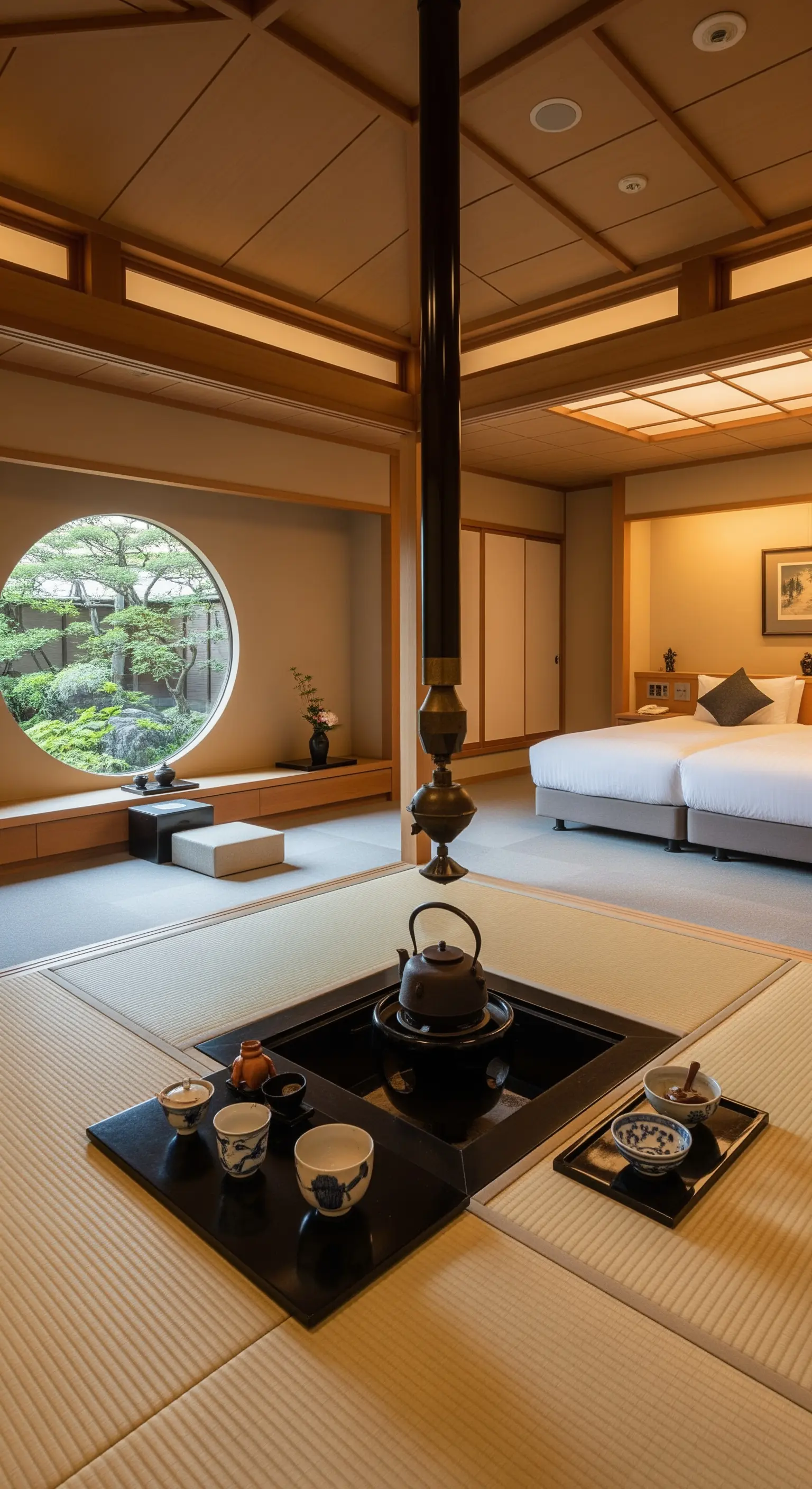 Japanisches Zimmer mit Tatami-Boden, versenkter Feuerstelle (Irori) und rundem Fenster.