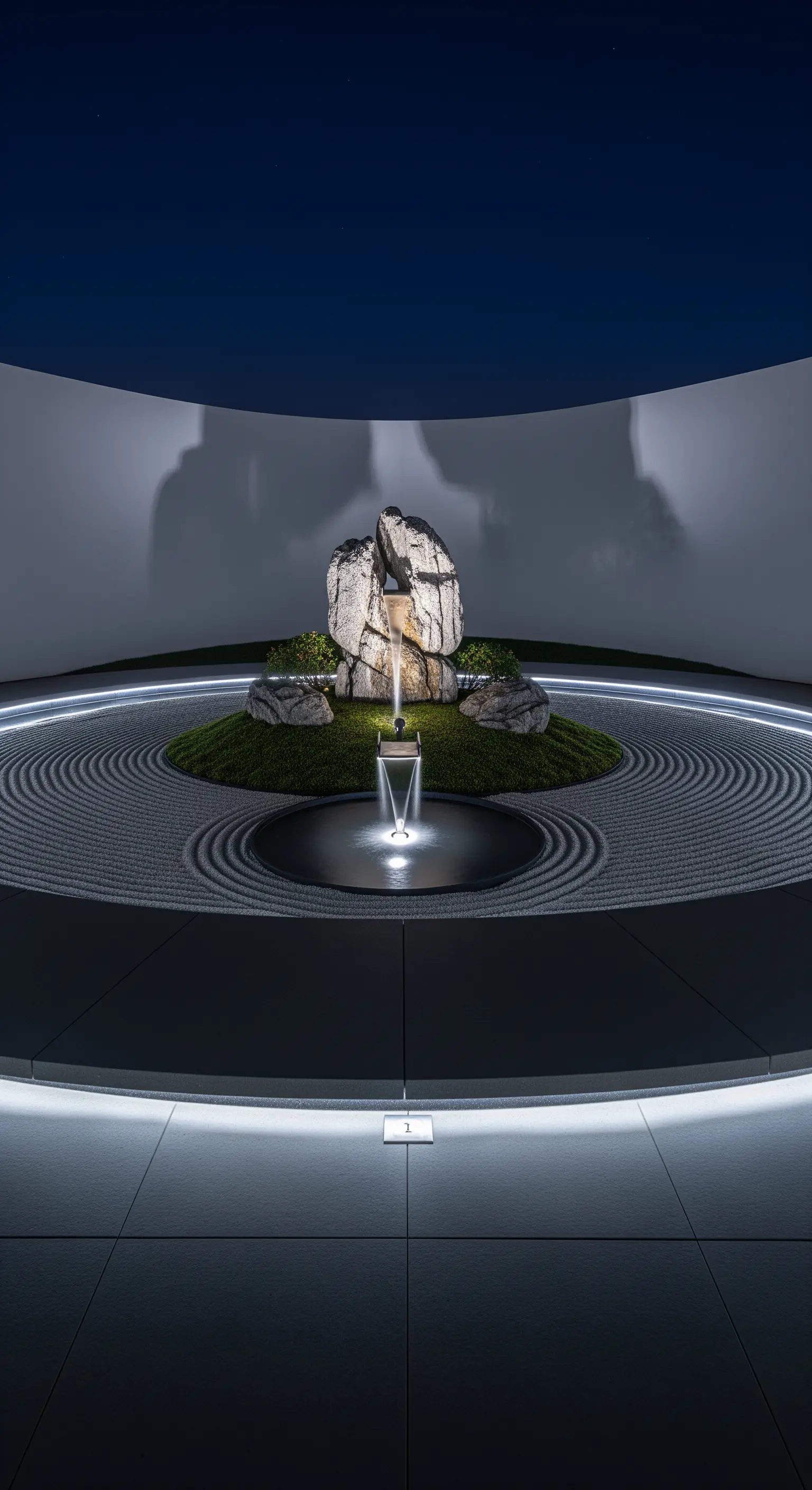 Futuristische runde Zen-Gartenanlage mit leuchtendem Brunnen und Sandmustern