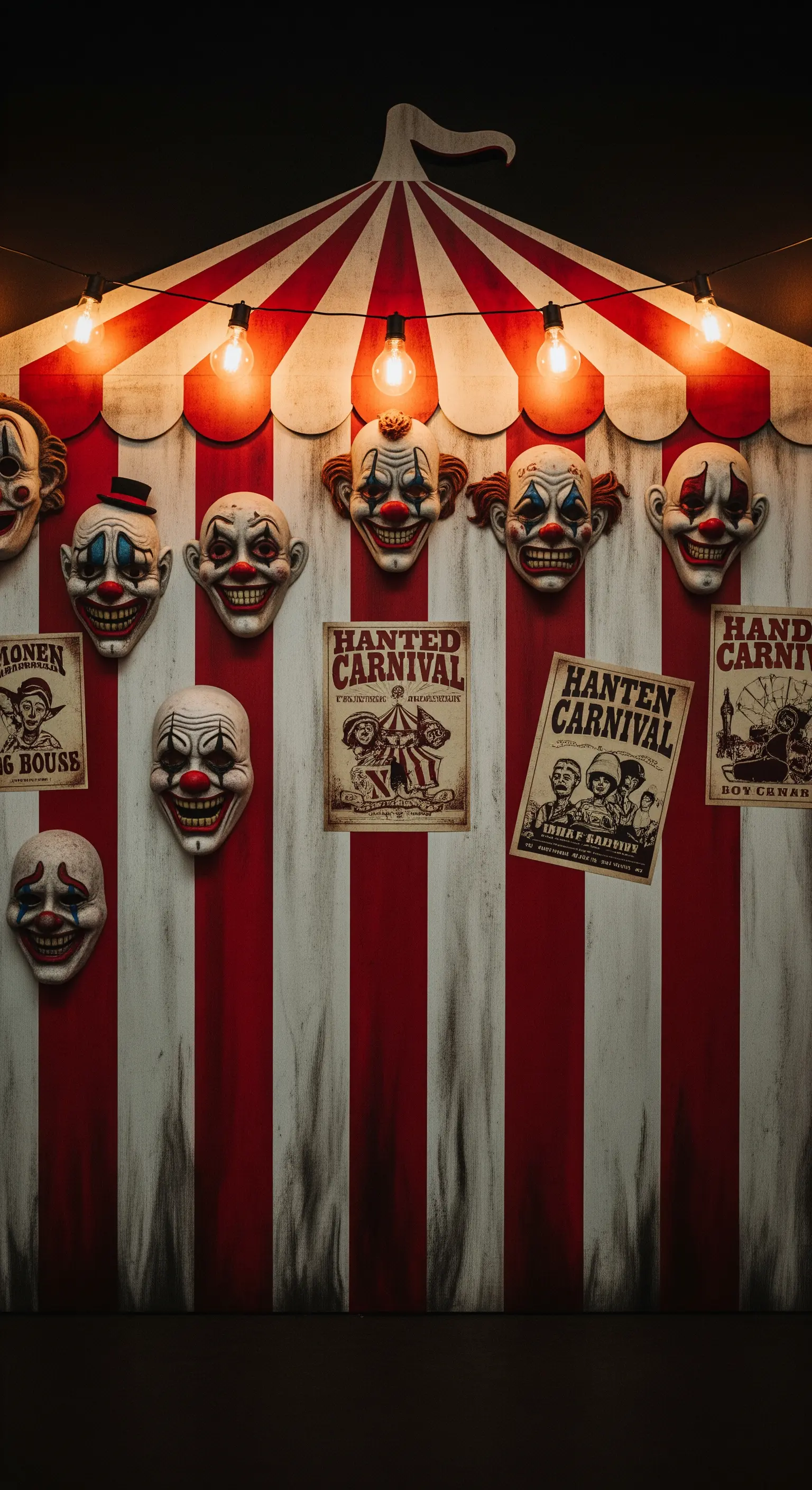 Eine Fotowand im Stil eines Grusel-Jahrmarkts mit Clownsmasken und Postern.
