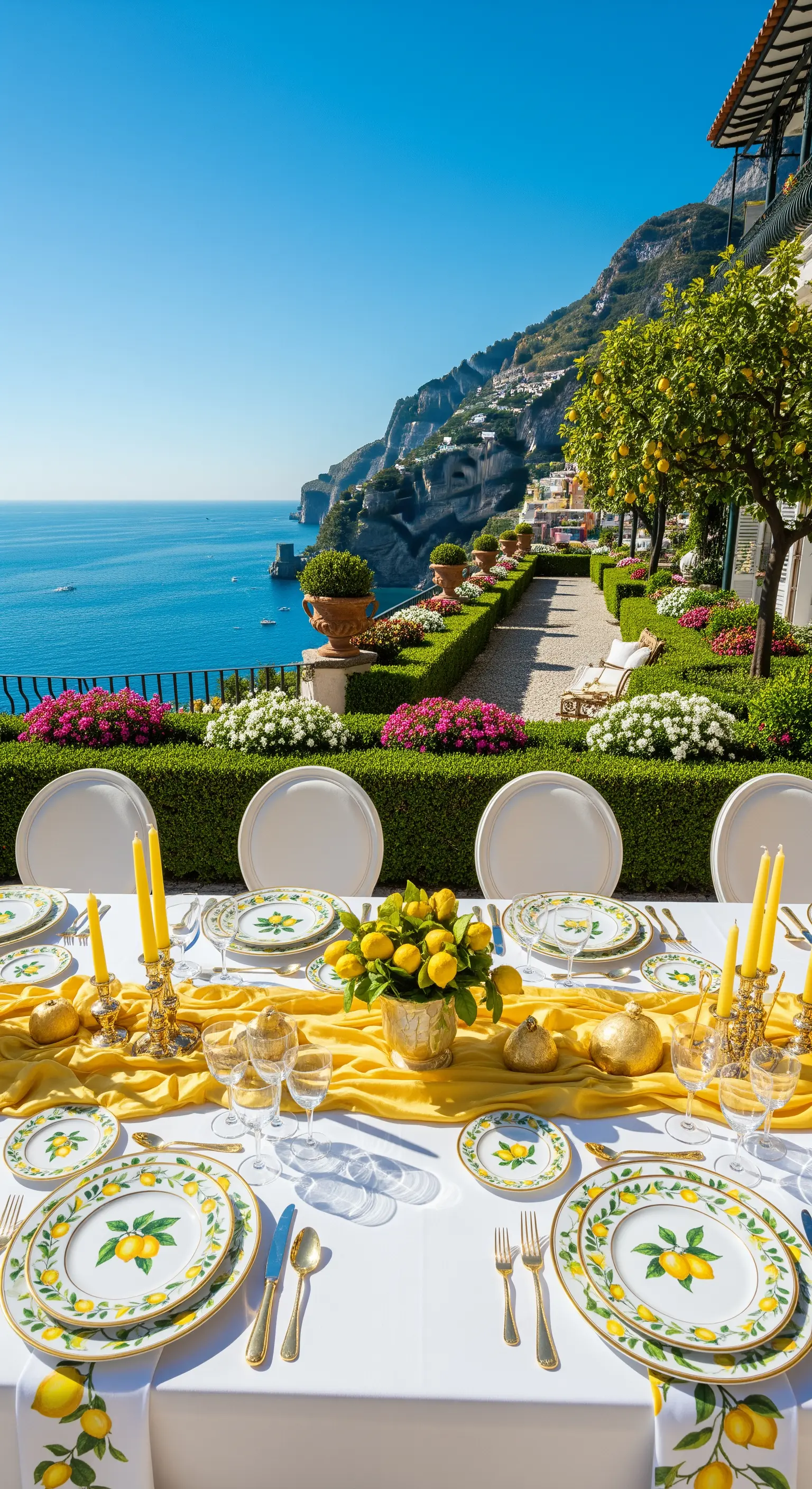 Tisch mit Zitronen-Motiv Geschirr, gelbem Läufer, Zitronen und Meerblick