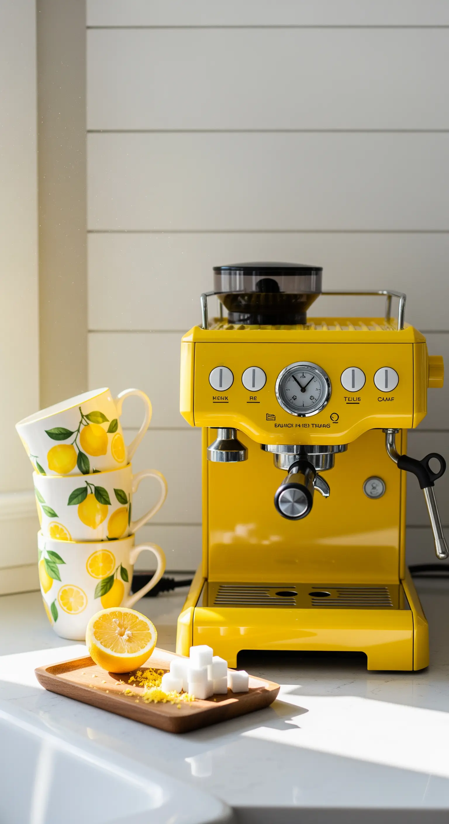 Gelbe Espressomaschine mit Zitronentassen und frischen Zitronen