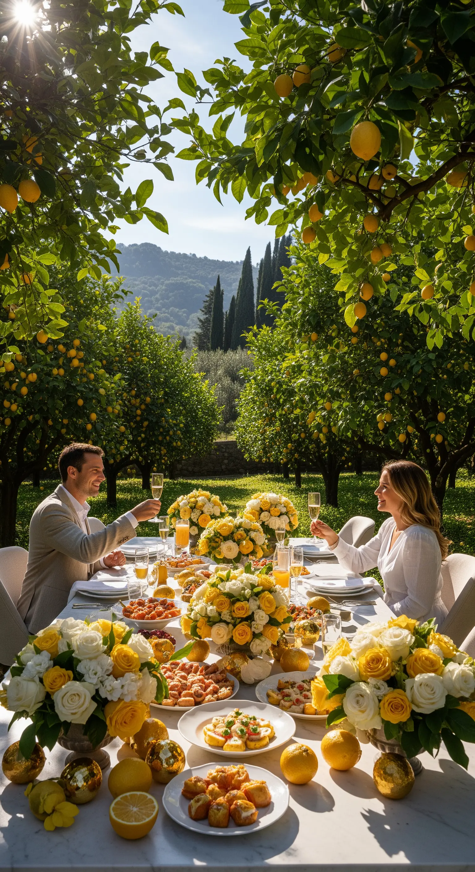 Marmortafel in Zitronenhain mit gelb-weißen Rosen, Zitronen und goldenen Kugeln.