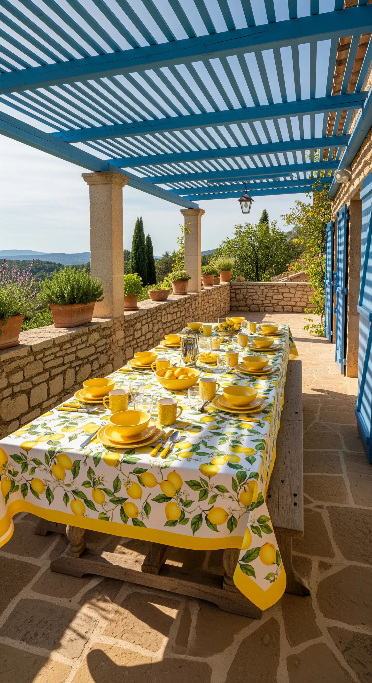 Provence-Veranda mit Zitronen-Tischtuch, gelbem Geschirr und blauen Fensterläden