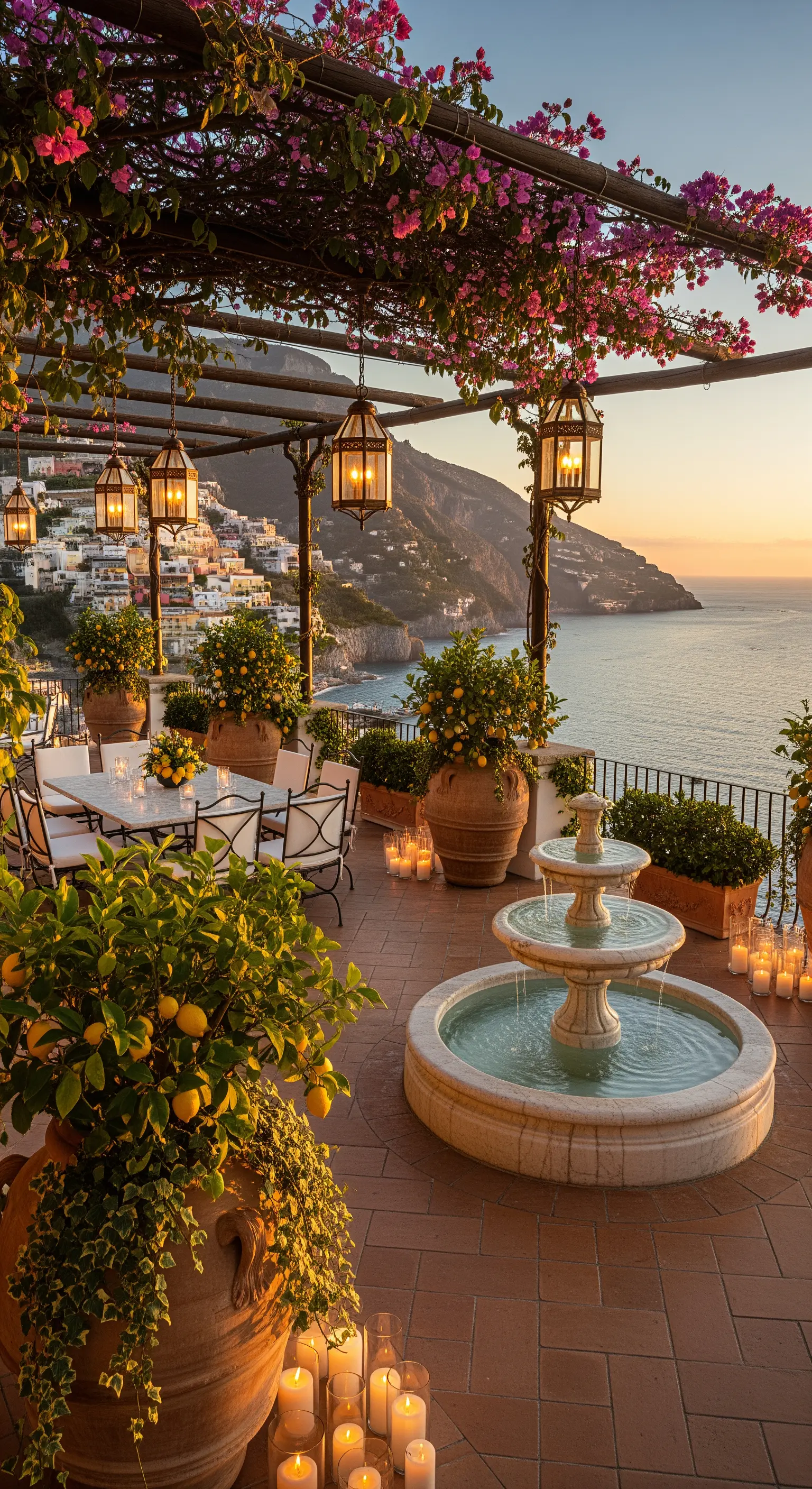 Amalfi-Terrasse mit Meerblick, Zitronenbäumen, Bougainvillea, Laternen und Brunnen