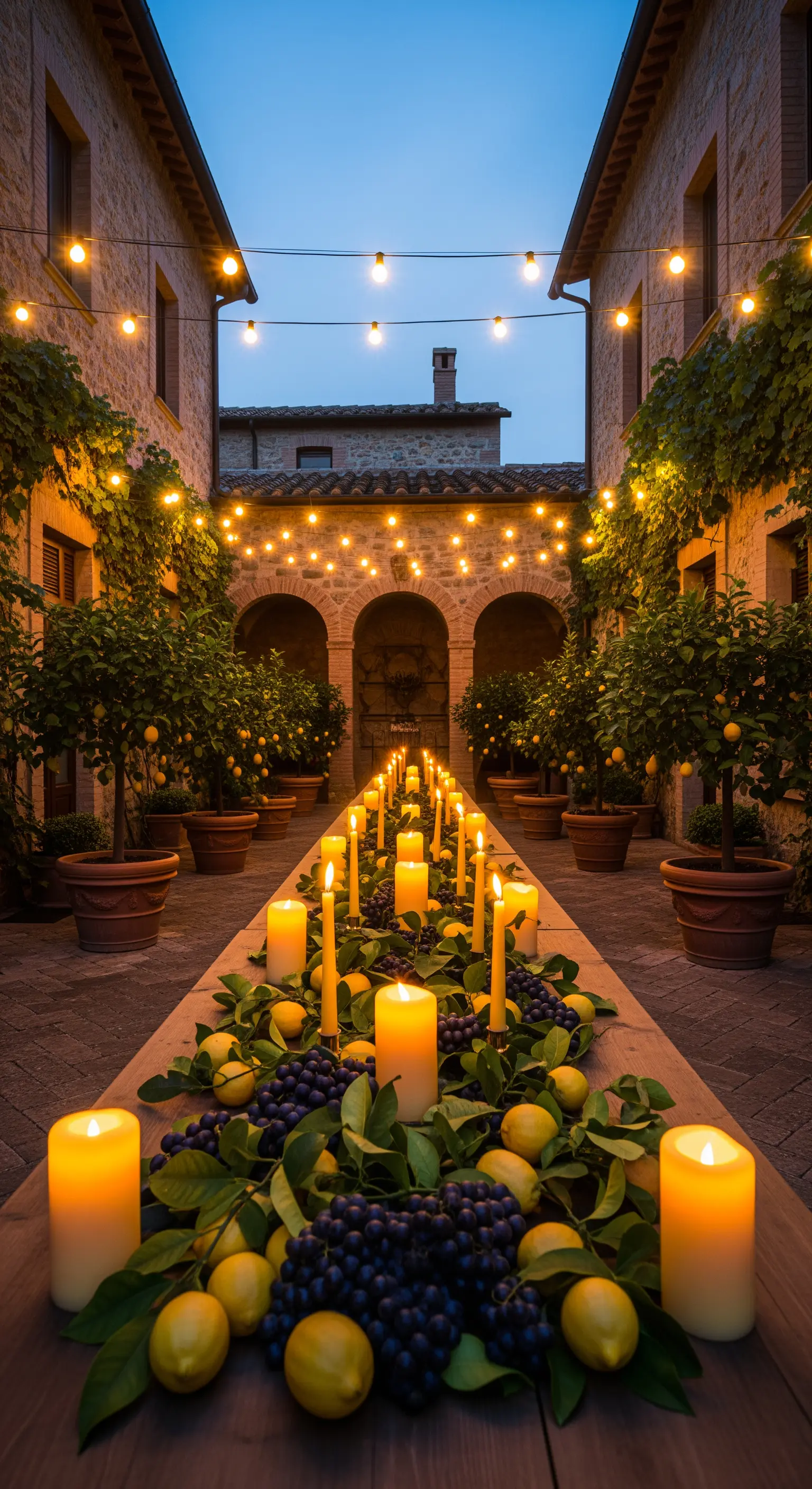 Innenhof mit langer Tafel, Zitronen, Trauben und Kerzenreihe, umrahmt von Zitronenbäumen