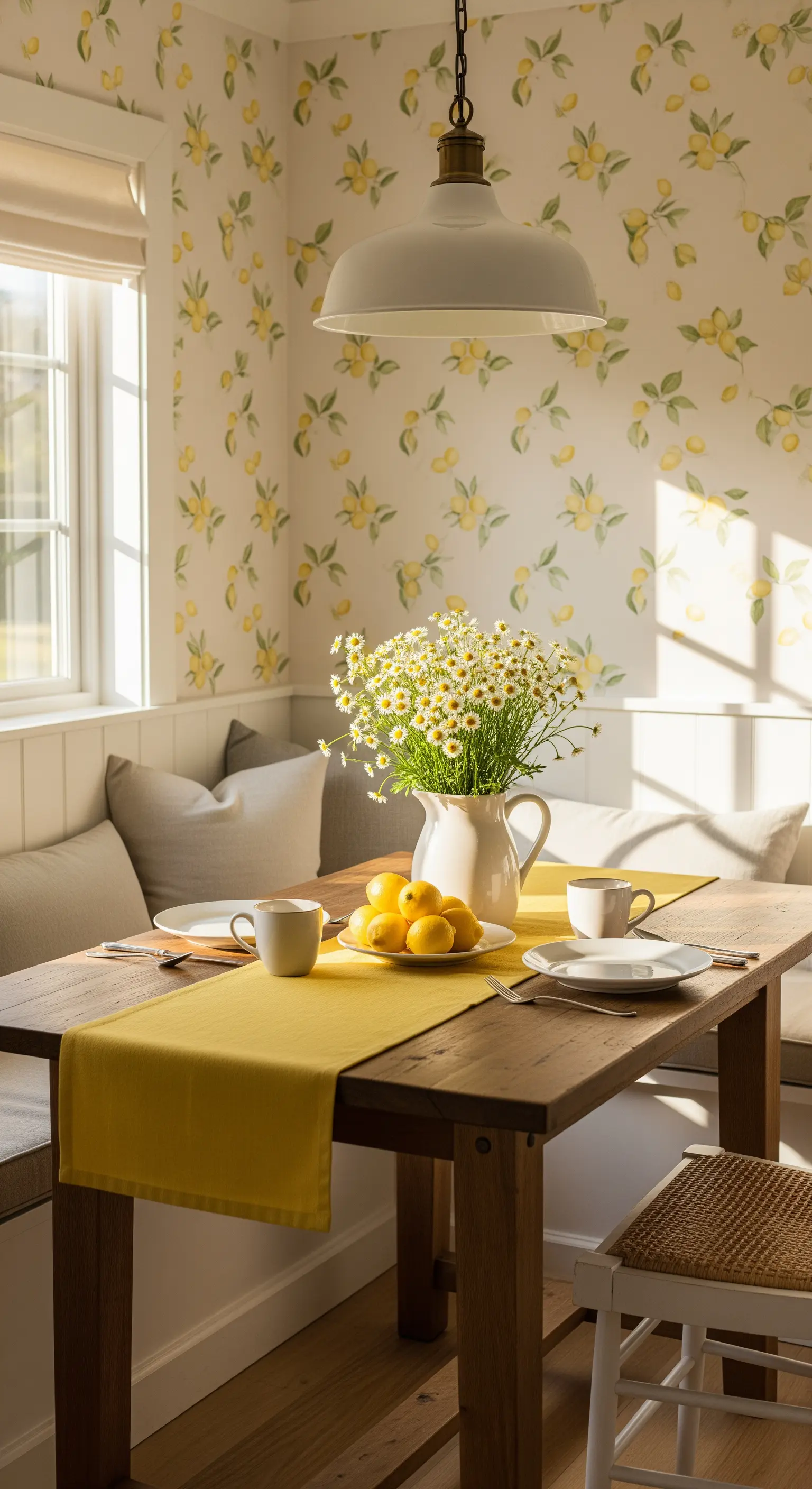 Essbereich mit Zitronen-Wandpapier und gelbem Tischläufer