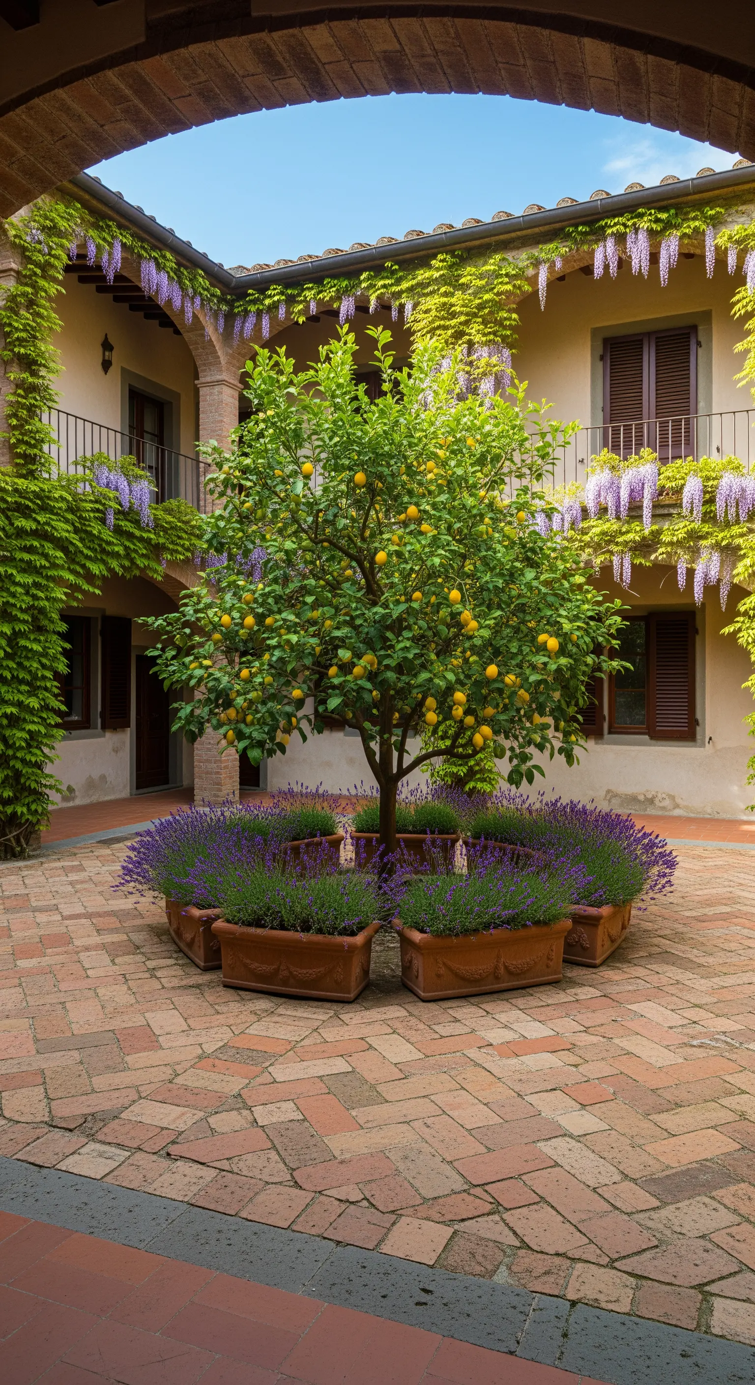 Zitronenbaum in Terrakotta-Töpfen umgeben von Lavendel im Innenhof
