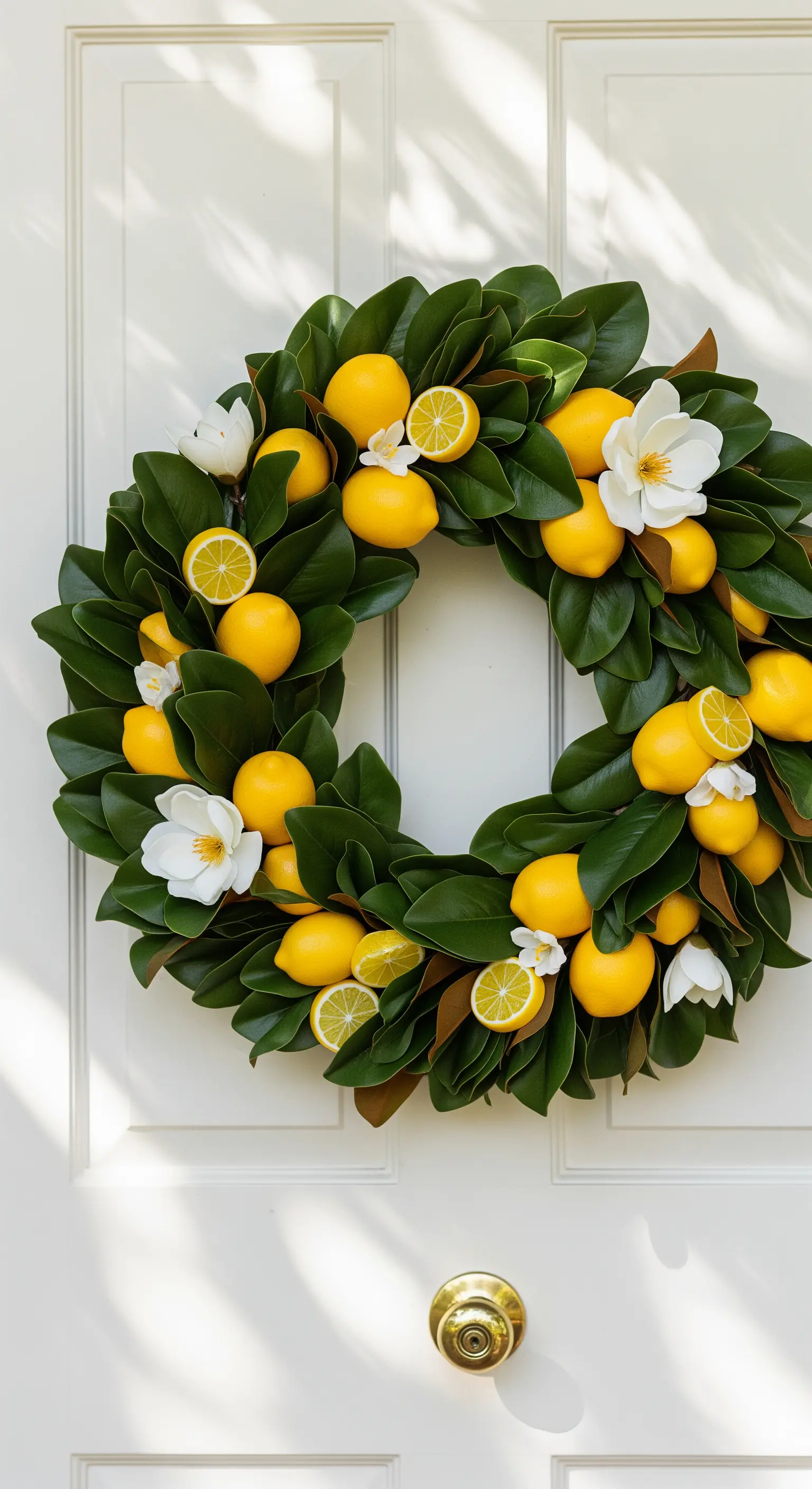 Kranz aus grünen Magnolienblättern, gelben Zitronen und weißen Magnolienblüten auf weißer Tür.