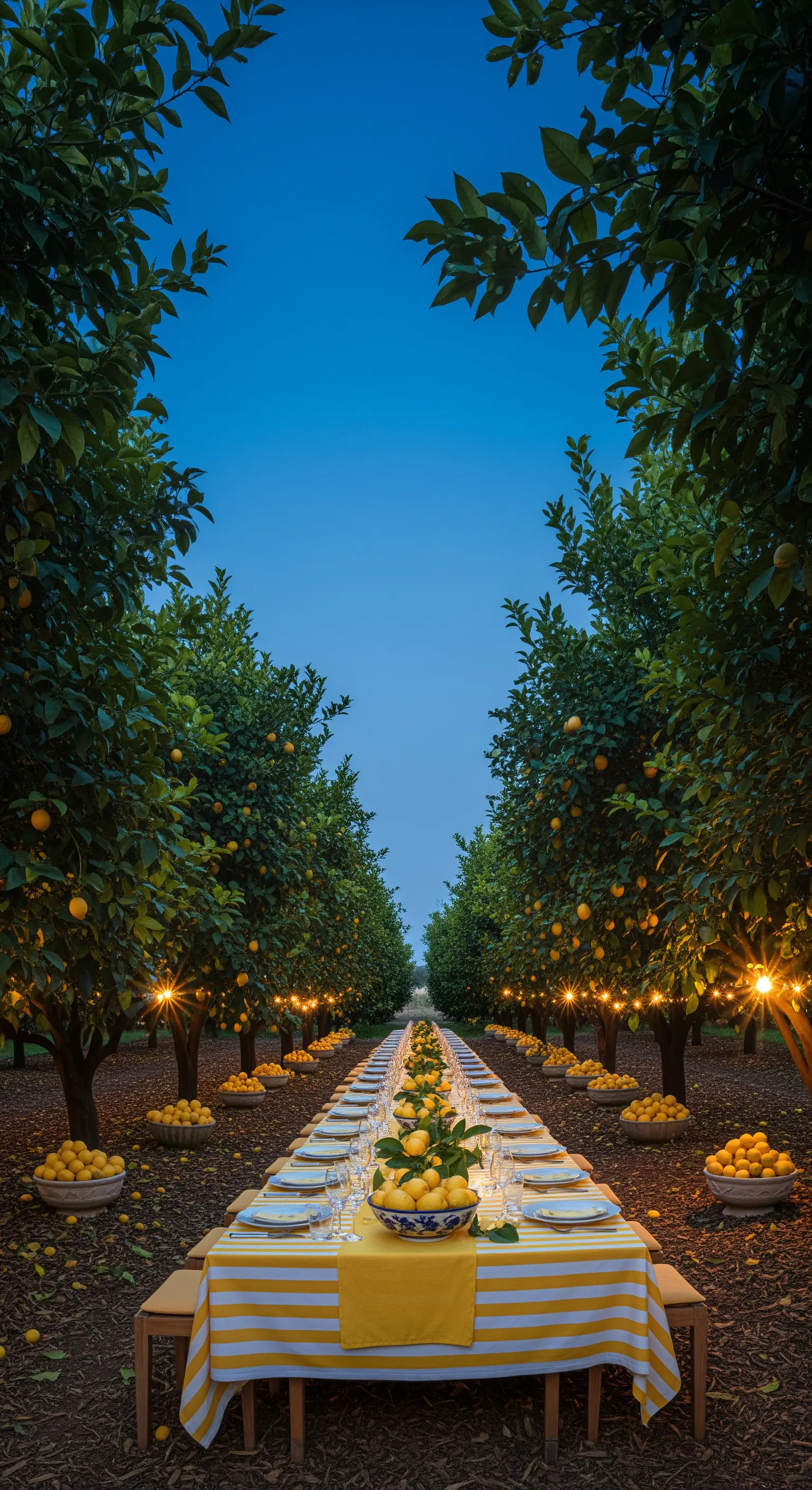 Lange Festtafel im Zitronenhain mit Lichterketten und gelb-weißer Deko