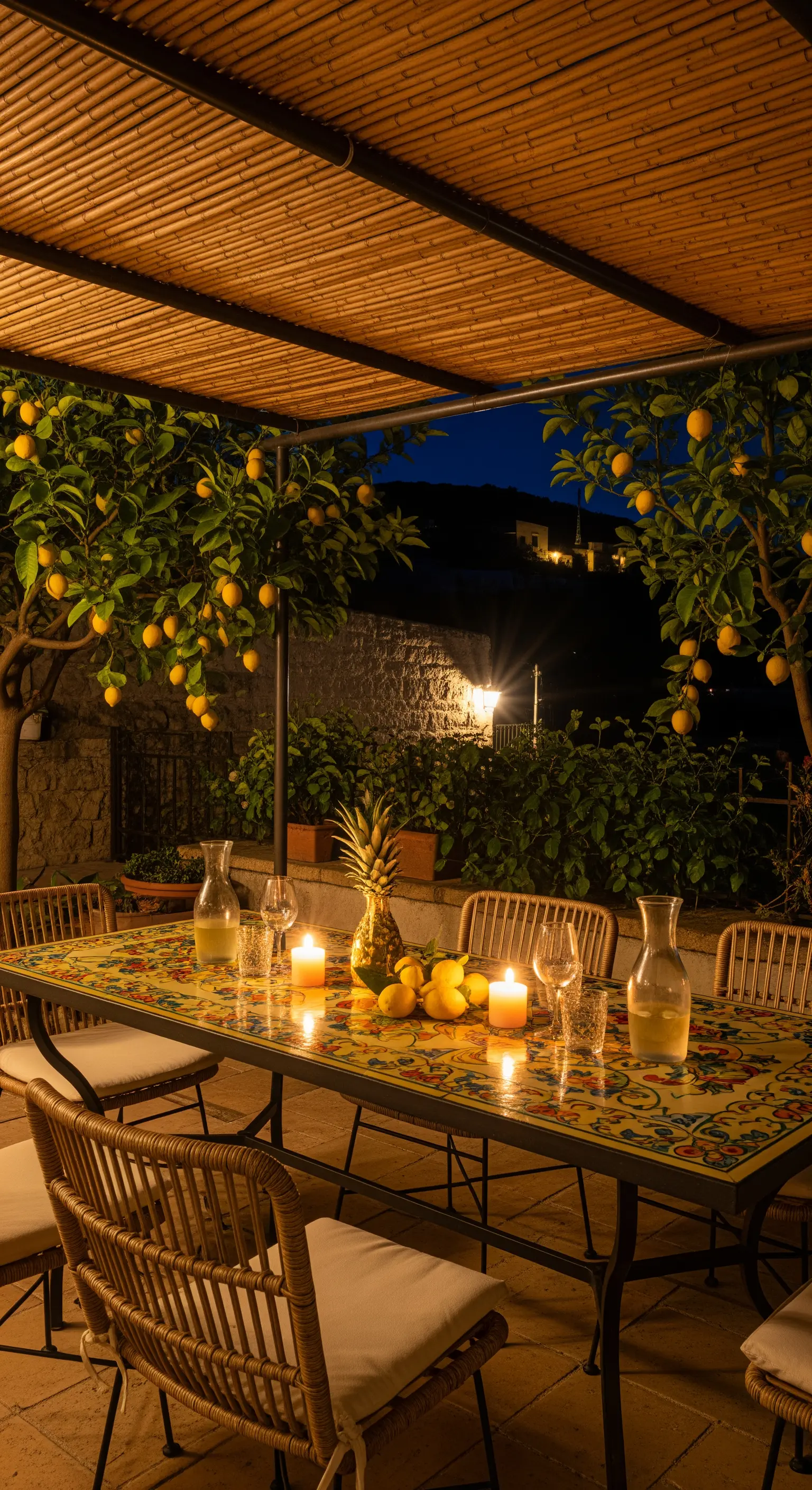 Zitronenbäume, bunter Tisch, Rattan-Stühle, Kerzen, Ananas