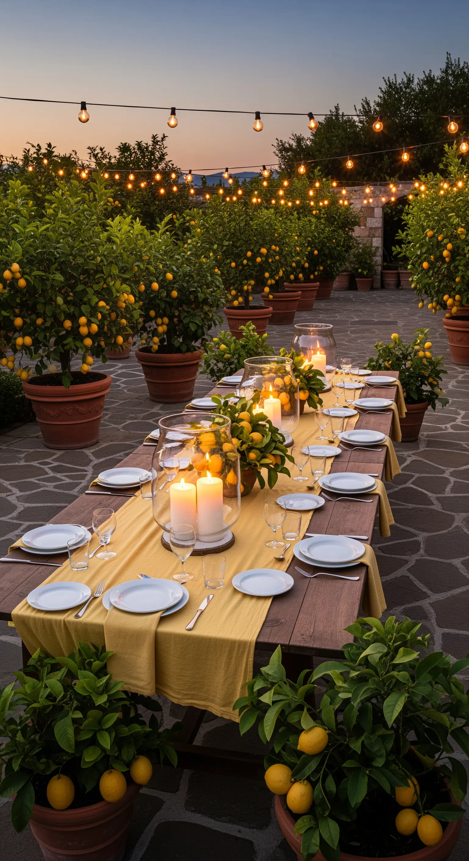 Holztisch mit gelbem Läufer, Zitronen und Kerzen in Gläsern unter Lichterketten im Zitronenhain.