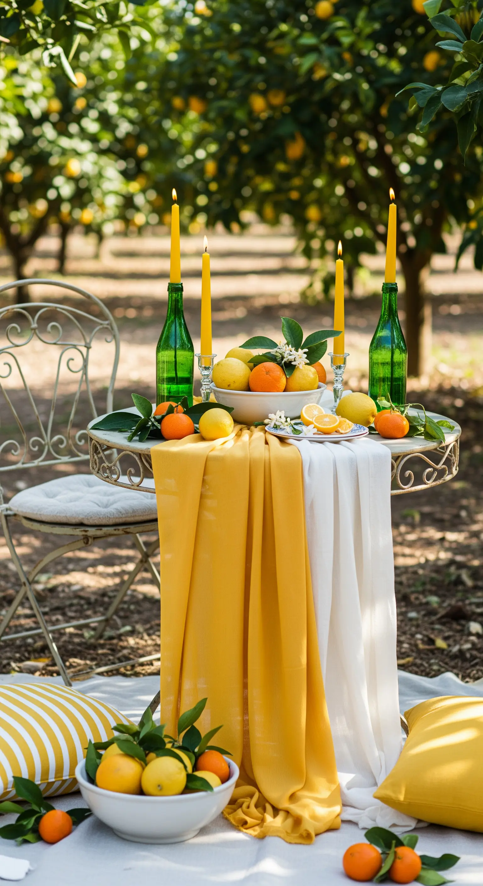Metalltisch im Zitronenhain mit gelb-weißem Tuch, Zitronen und gelben Kerzen.