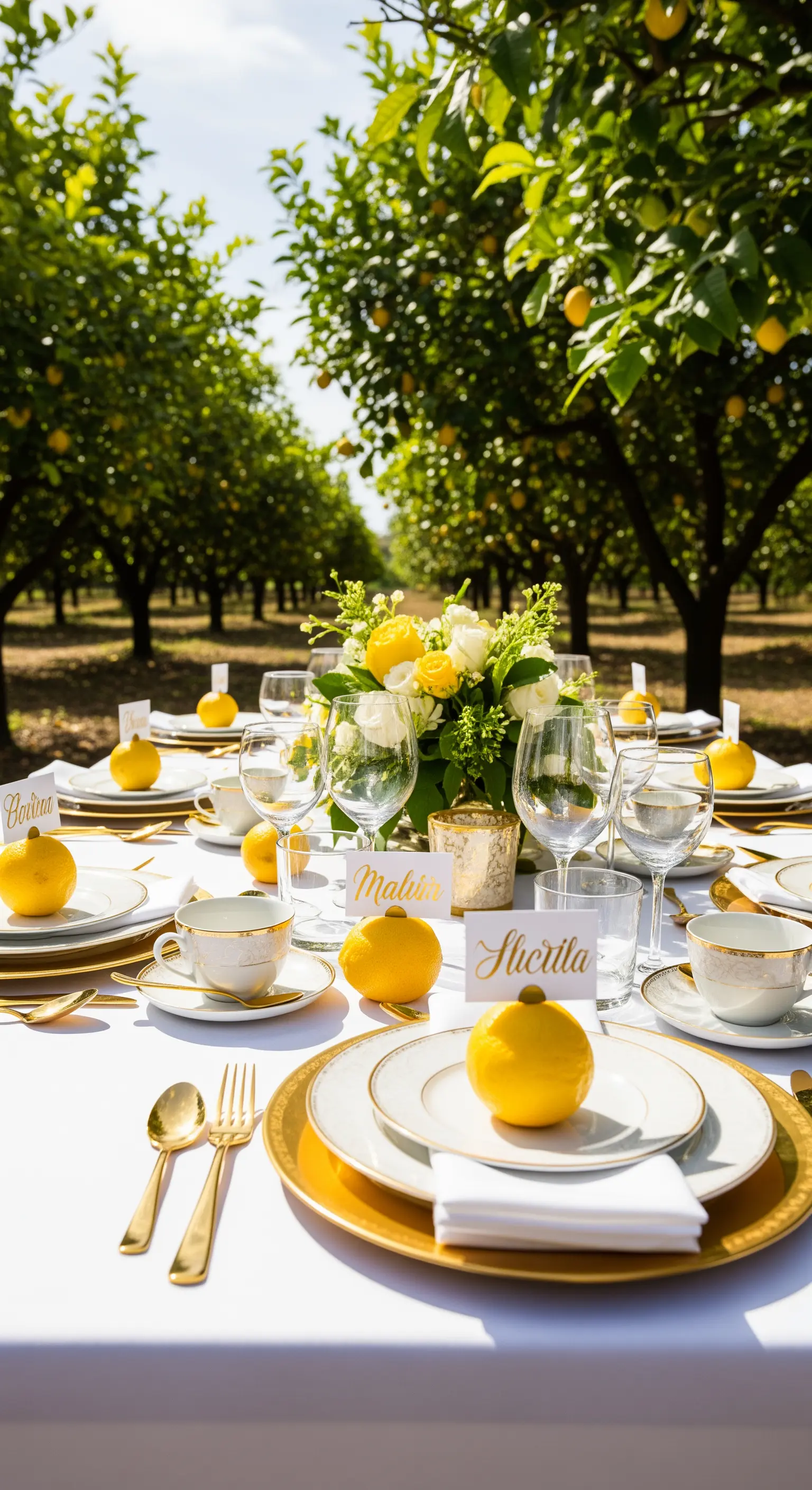 Tafel im Zitronenhain mit Zitronen-Deko, weiß-goldenem Porzellan und Namensschildern