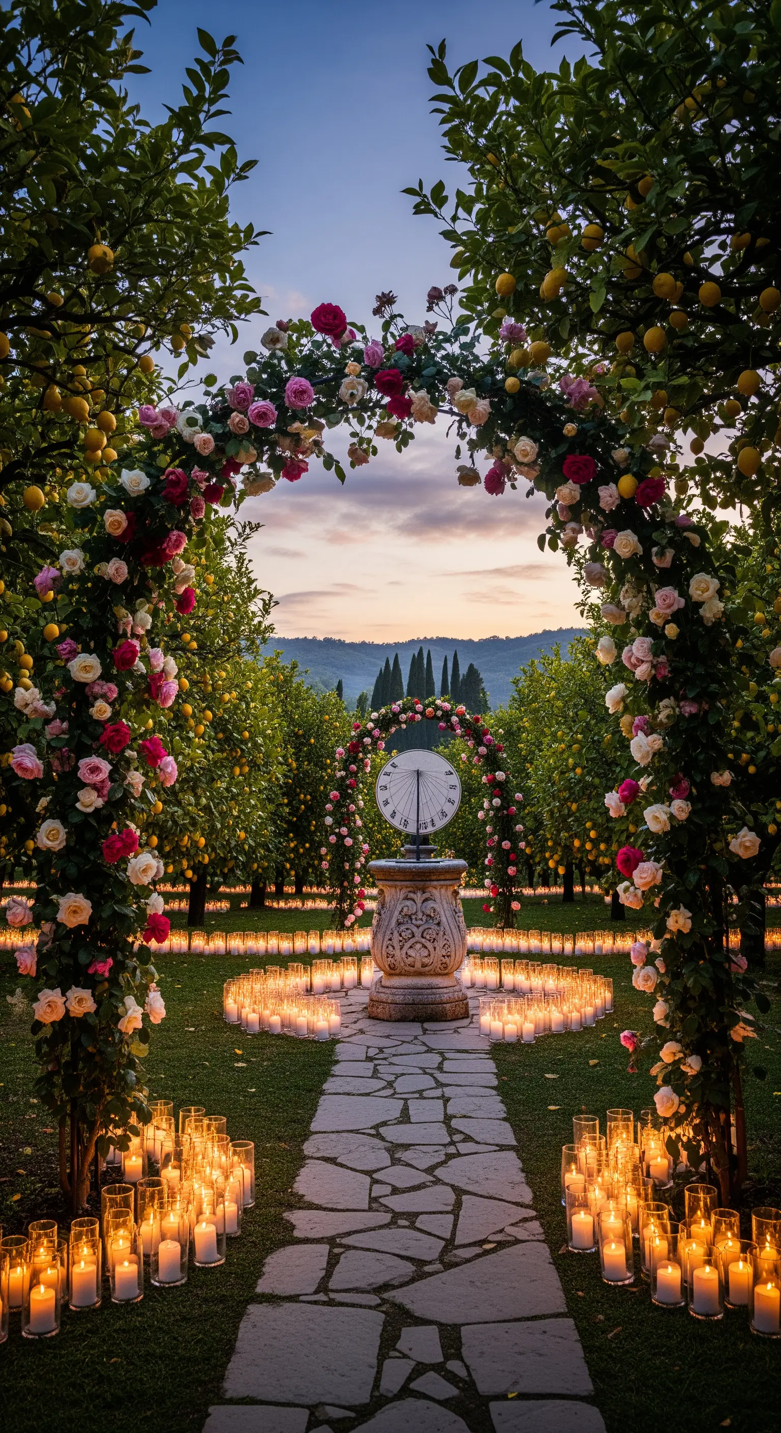 Rosenbögen im Zitronenhain mit Sonnenuhr und Kerzenkreis bei Sonnenuntergang