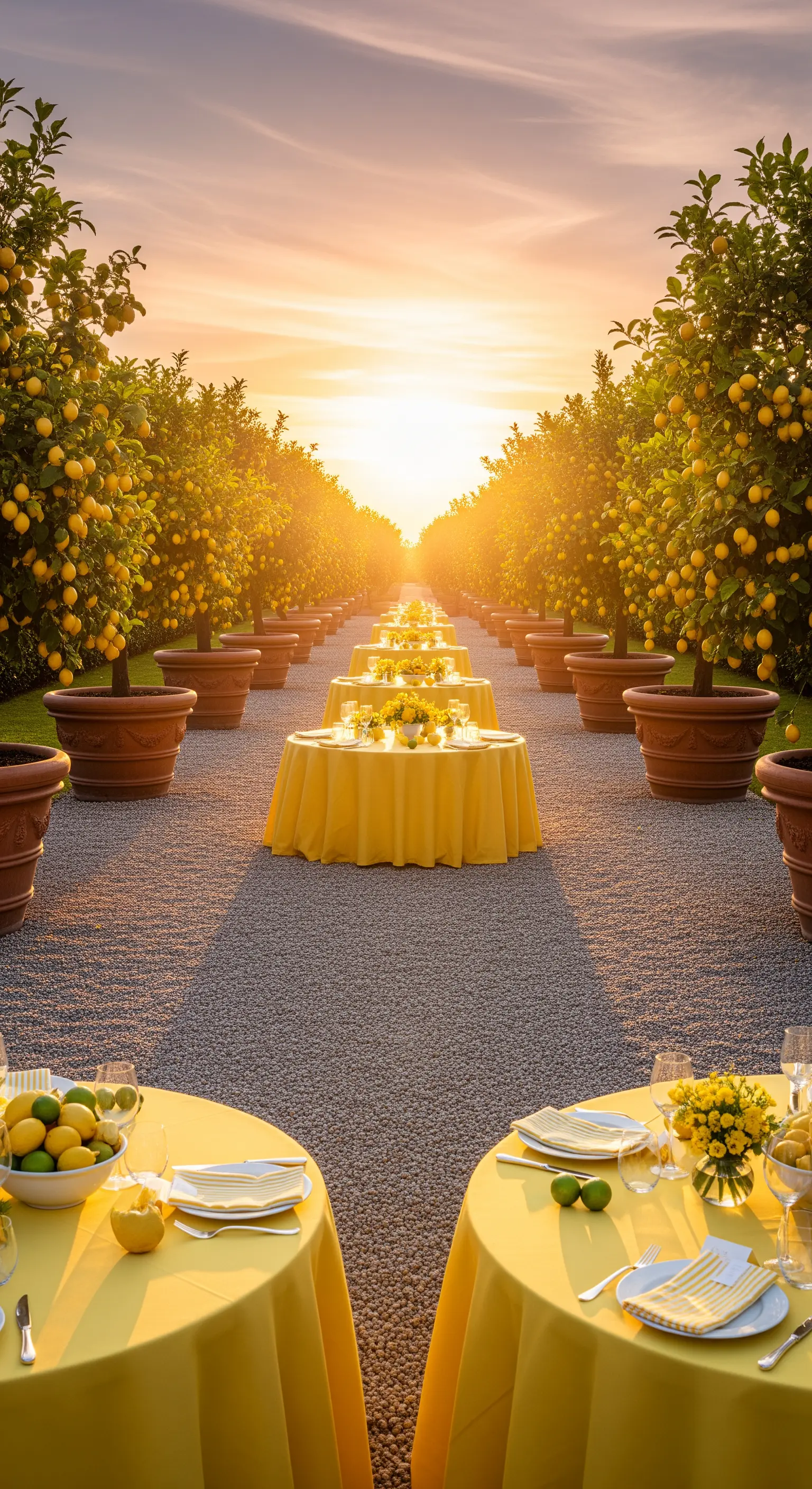 Zitronenbaum-Allee mit gelb gedeckten Tischen bei Sonnenuntergang