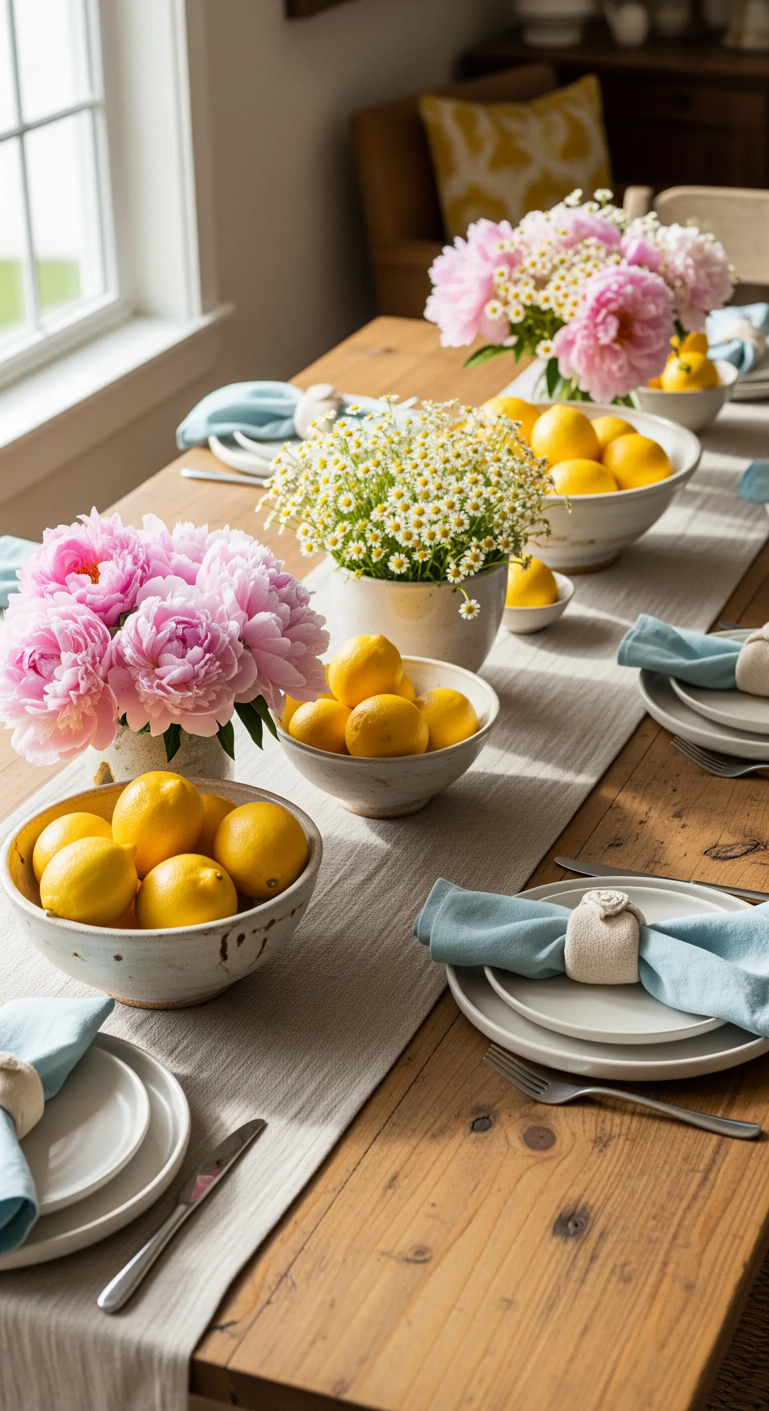 Frühlings-Tischdeko mit Zitronen, Pfingstrosen und pastellblauen Servietten auf Holztisch