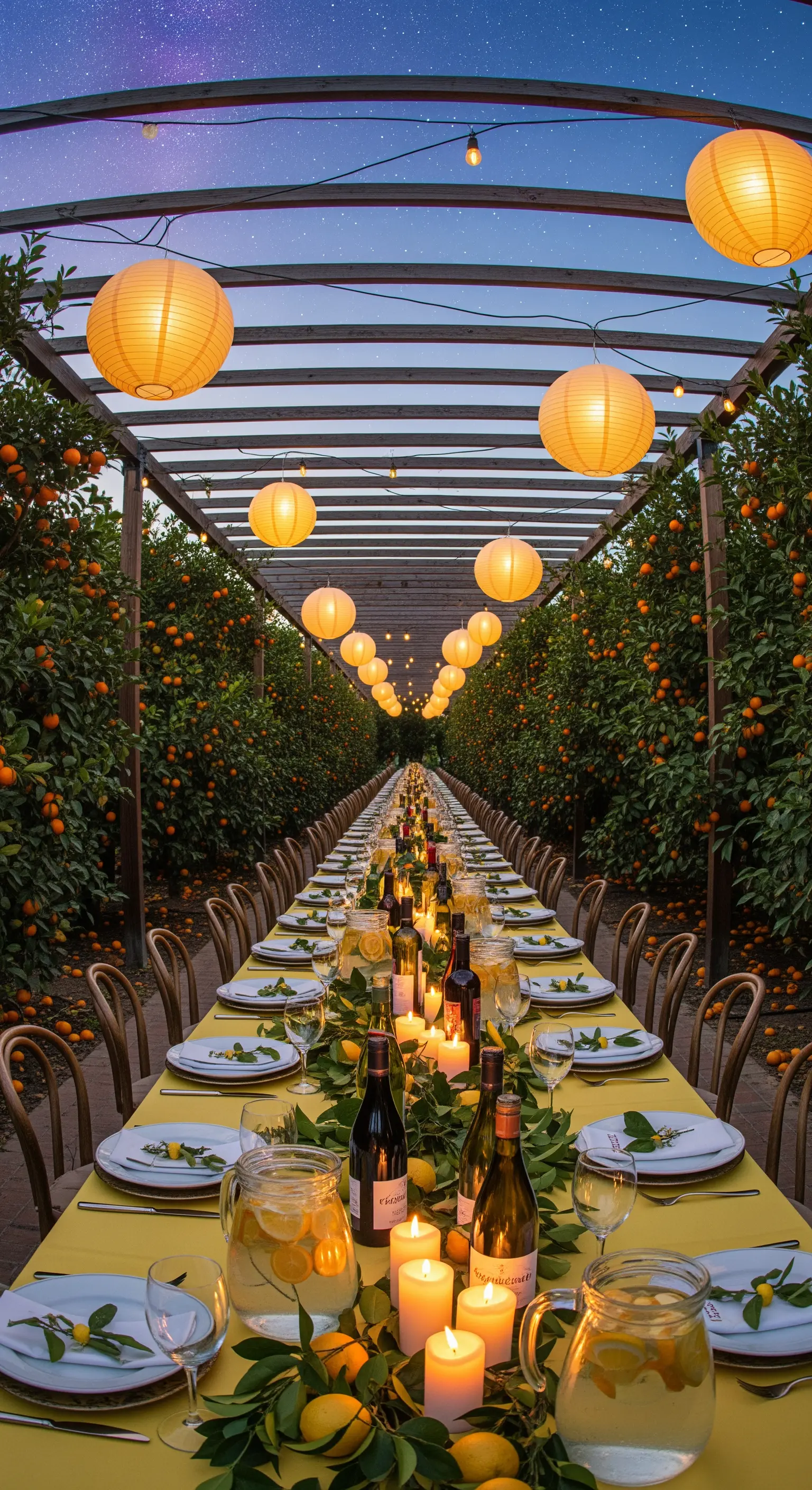 Zitrusbaum-Allee, lange Tafel, gelbe Laternen, Kerzen, Zitronendeko