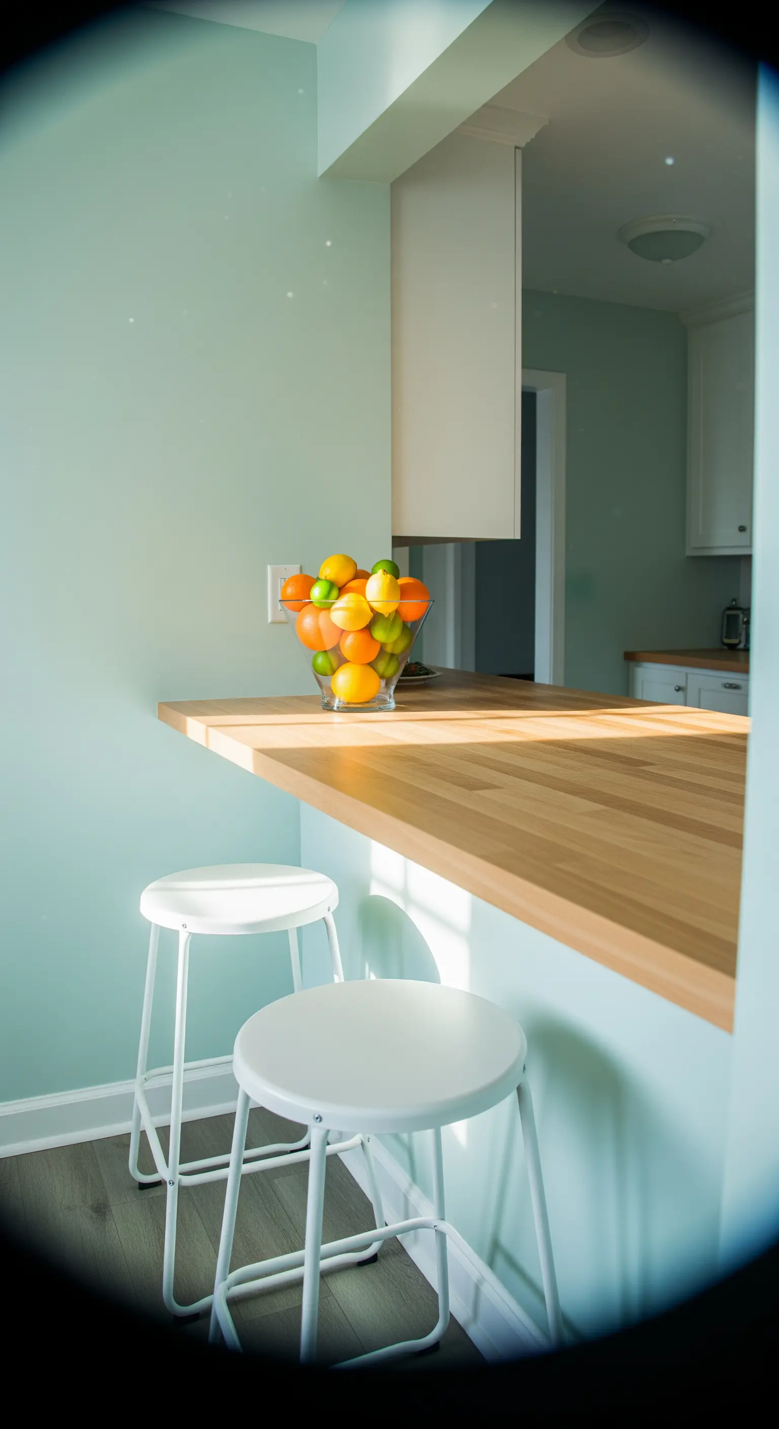 Mintgrüne Küche mit Holzarbeitsplatte, weißen Barhockern und Zitrusfrüchten.