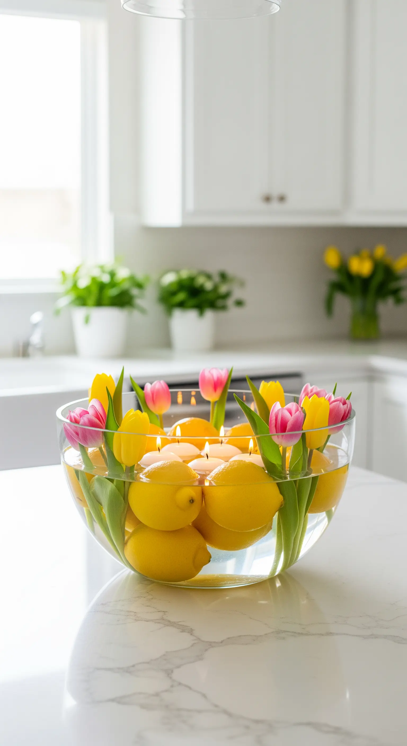 Glasschale mit schwimmenden Zitronen, Tulpen und Kerzen auf Marmor-Arbeitsplatte