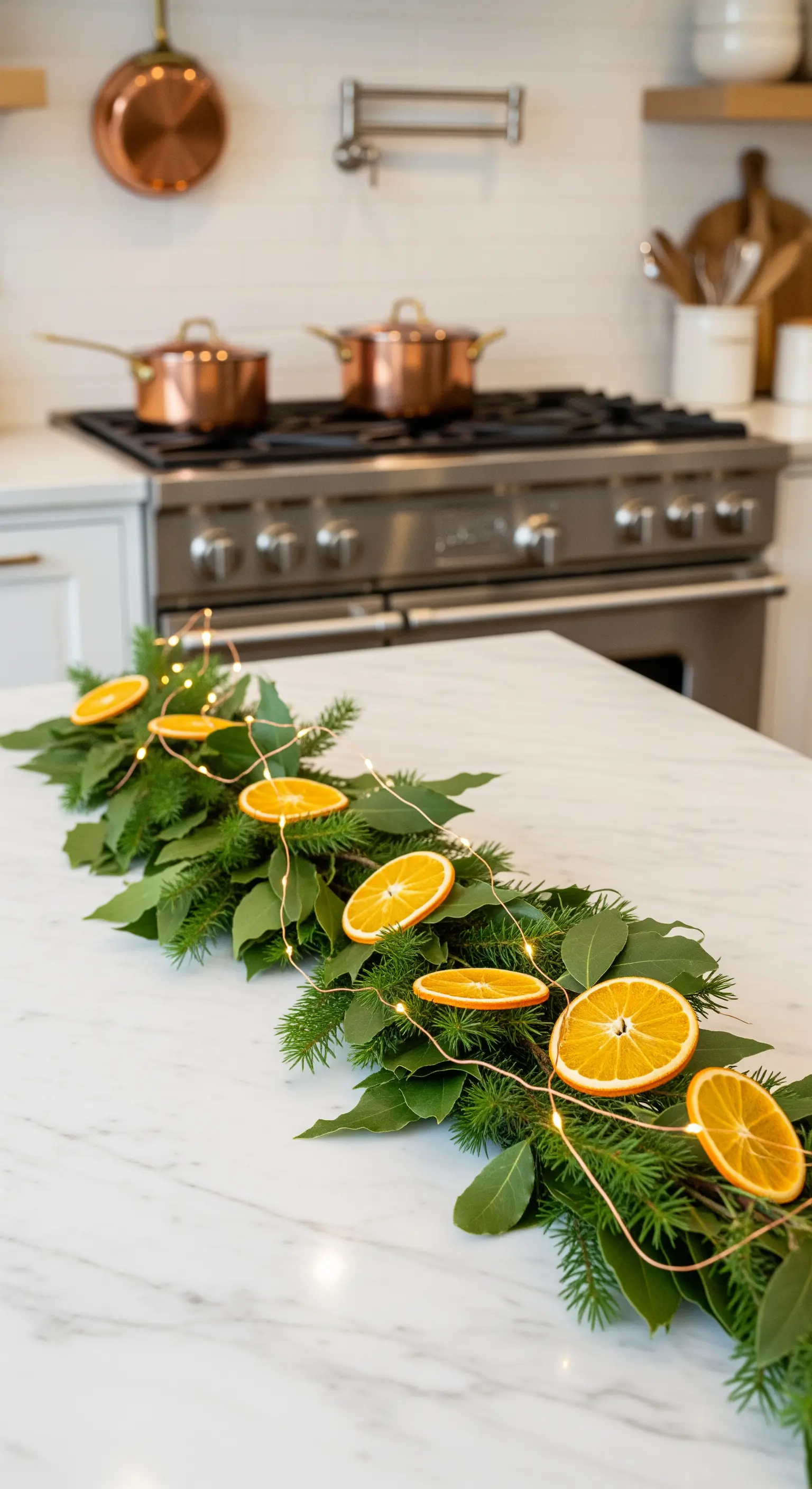 Küchengirlande aus Tannengrün, Lorbeerblättern, getrockneten Orangenscheiben und Lichtern
