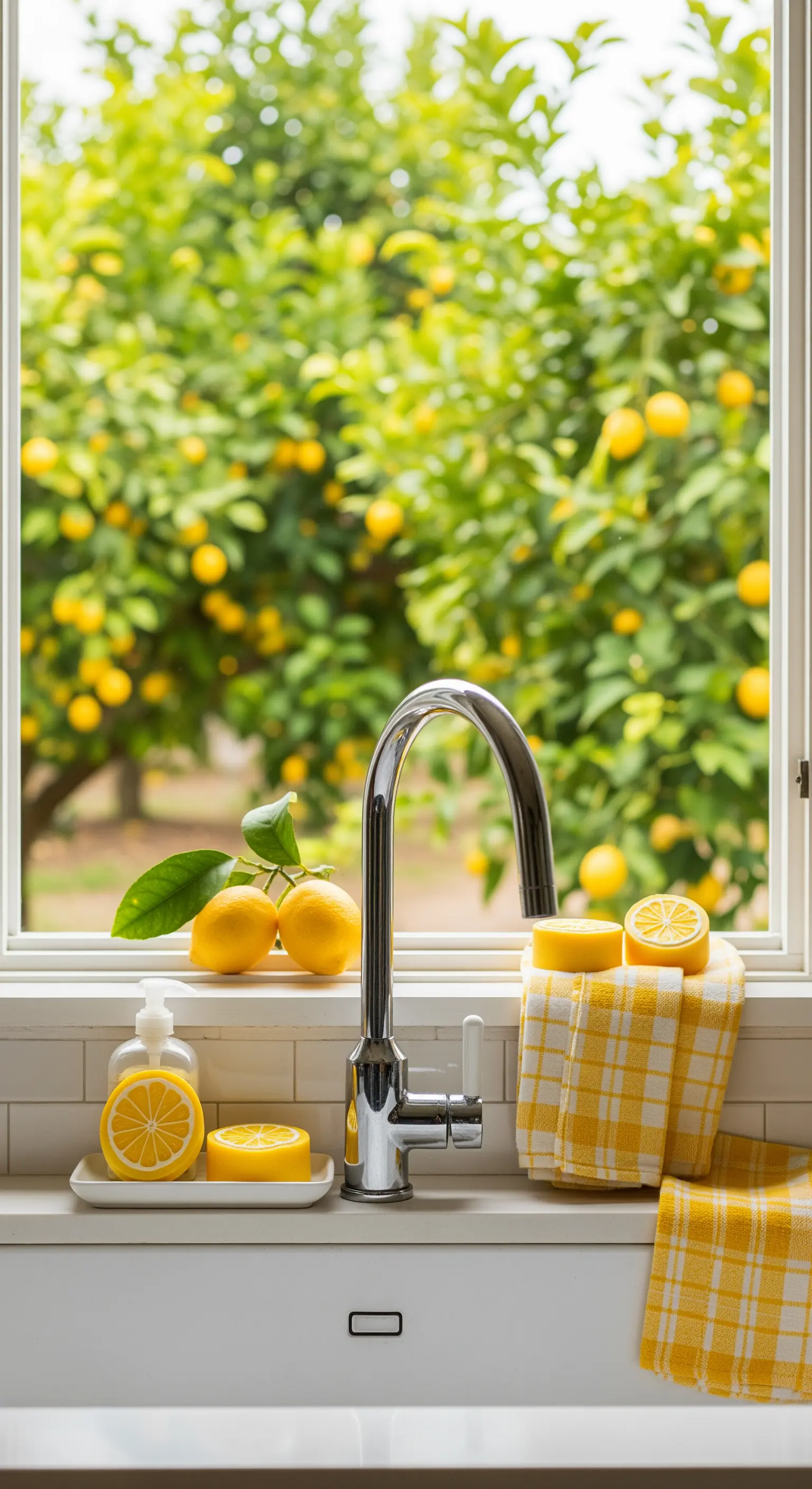 Küchenspülbecken mit Zitronen, gelben Handtüchern und Seifen