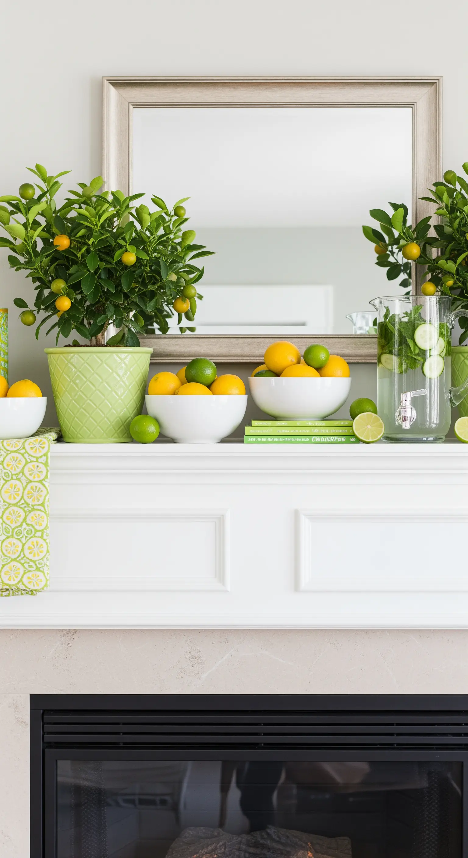 Sommerliche Kamin-Deko mit Zitrusbäumchen, Schalen voller Zitronen und einem Wasserspender