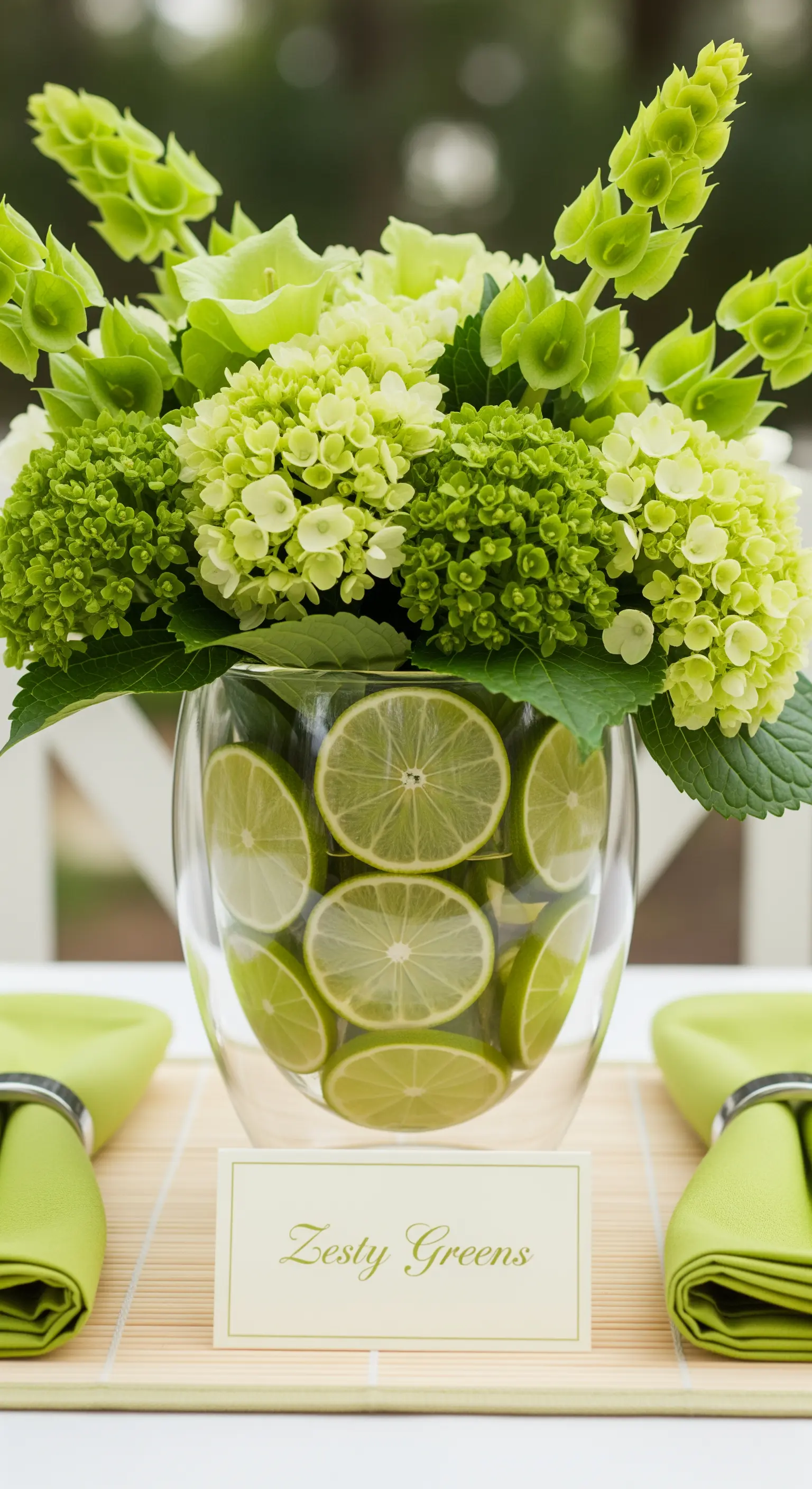 Grüne Hortensien in Vase mit Limettenscheiben