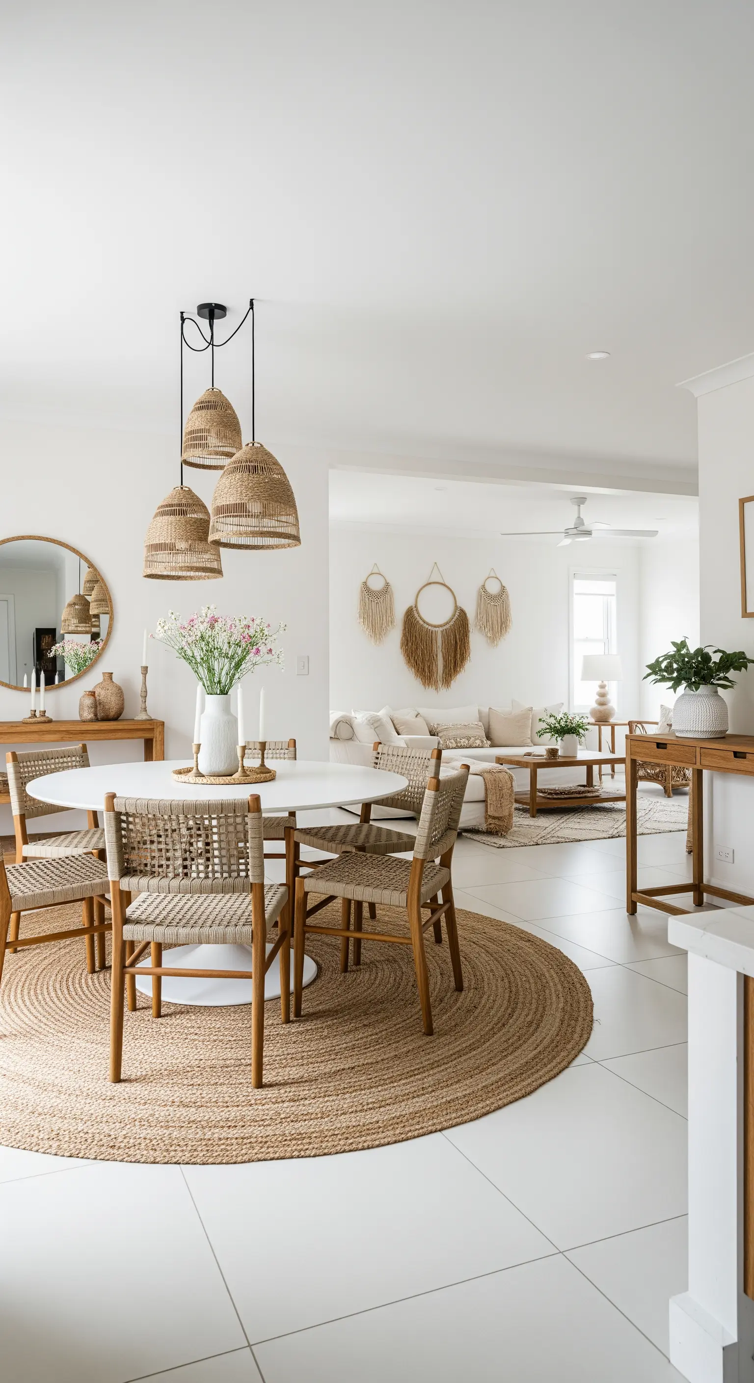 Runder Jute-Teppich unter einem runden Esstisch in einem offenen Wohnraum.