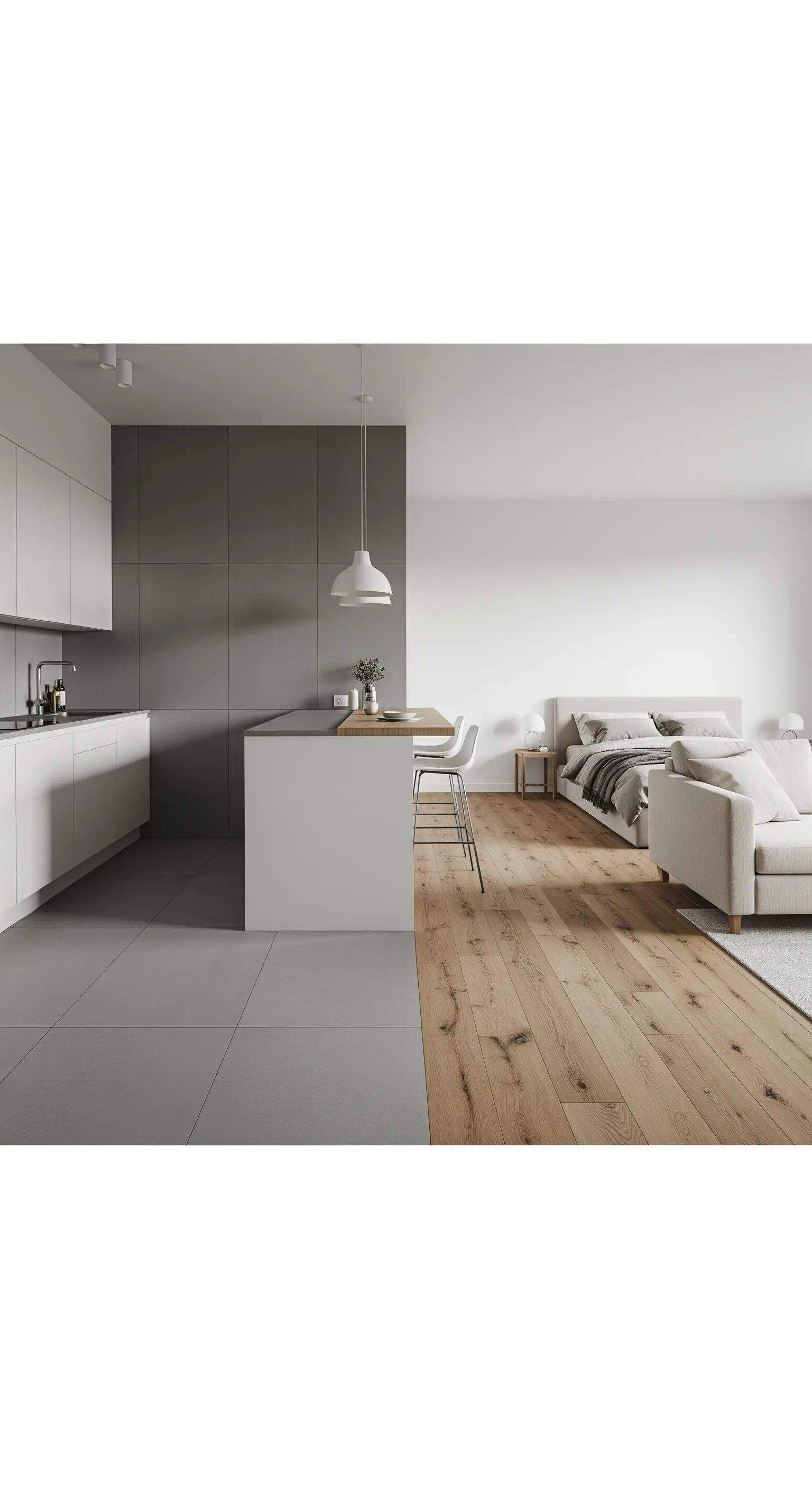 Offener Wohnraum mit Fliesen in der Küche und Holzboden im Wohnbereich