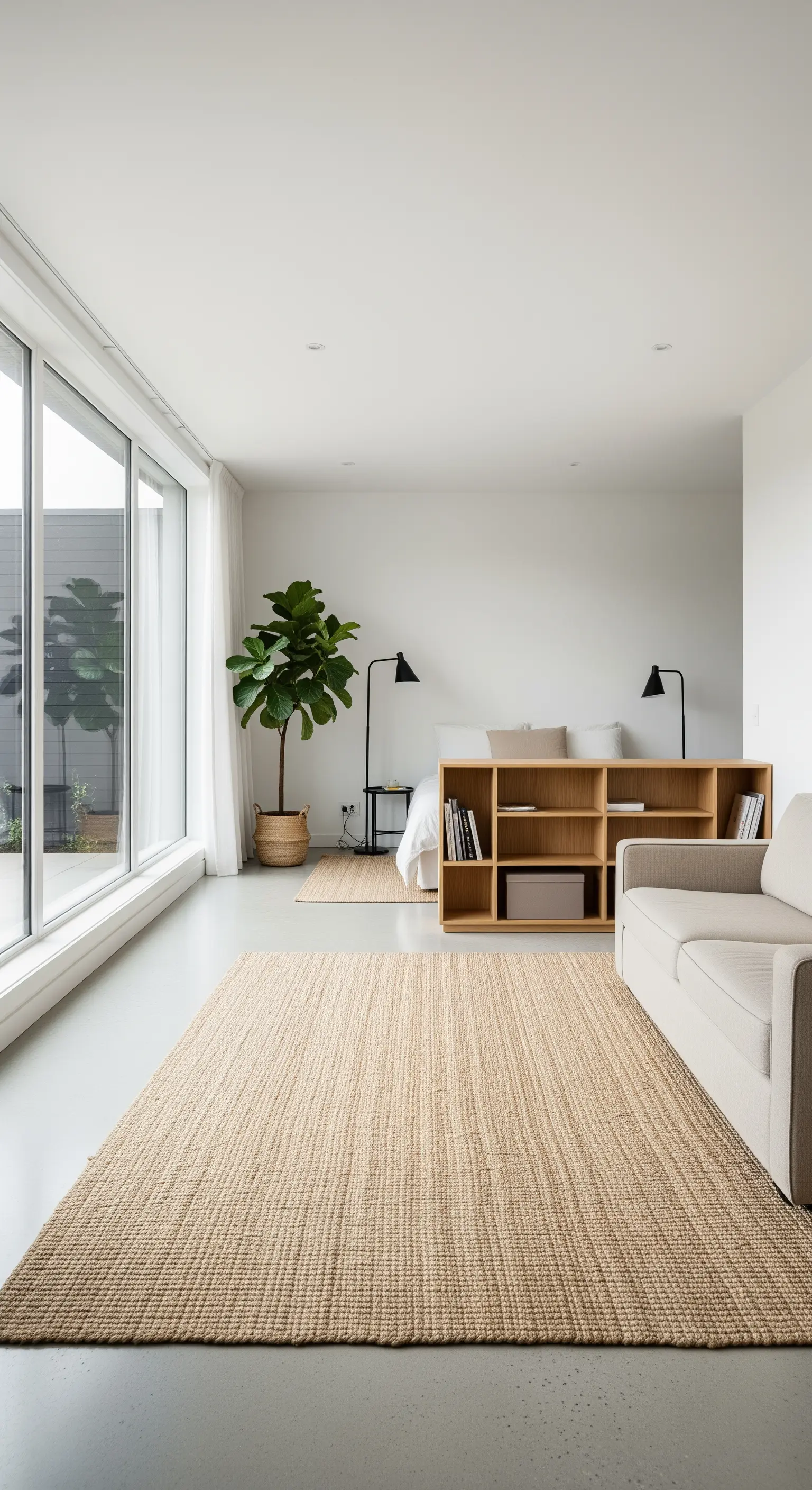 Heller Wohnraum mit Jute-Teppich und Holzregal als Raumteiler