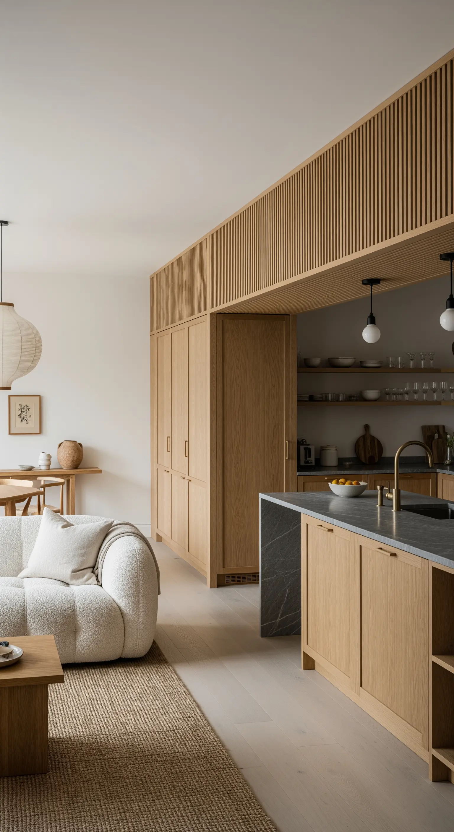 Offene Japandi-Küche mit vertikalen Holzlamellen zur Zonendefinition.