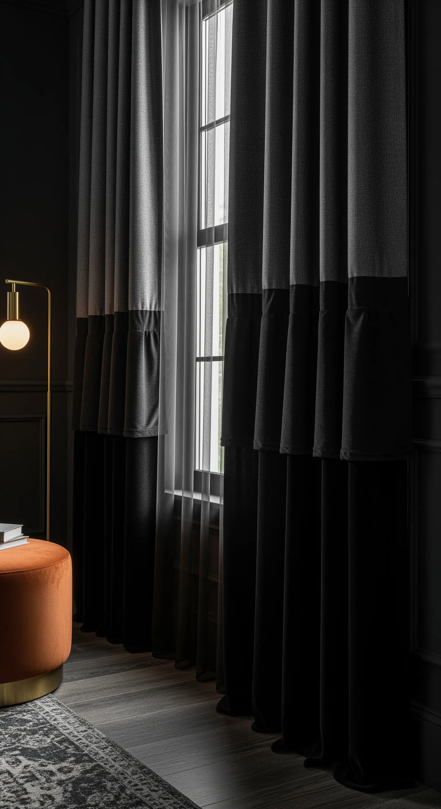 Zweifarbige Vorhänge in Grau-Schwarz mit orangefarbenem Samthocker und Stehlampe