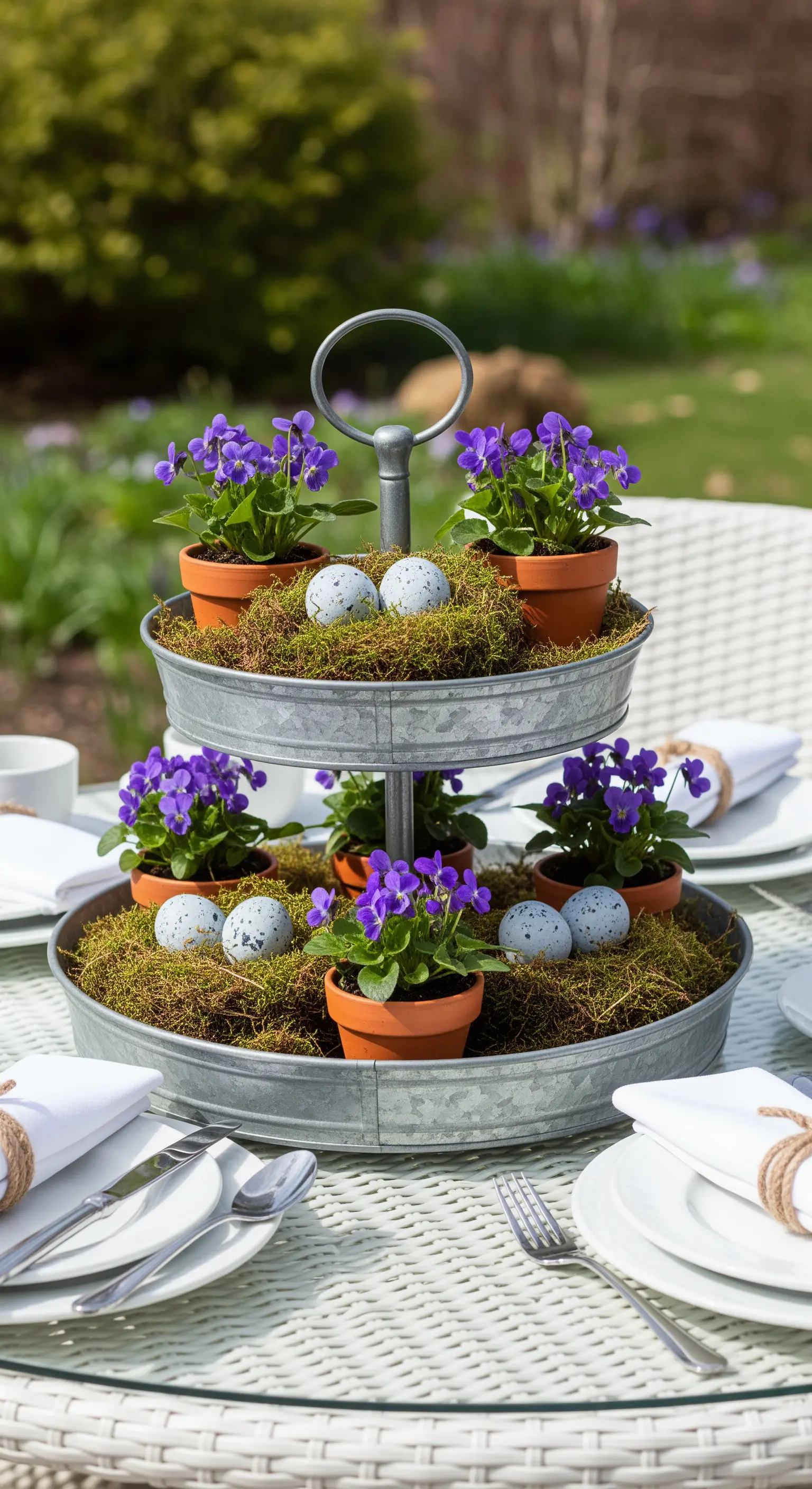 Rustikale Etagere mit Veilchen, Moos und Ostereiern