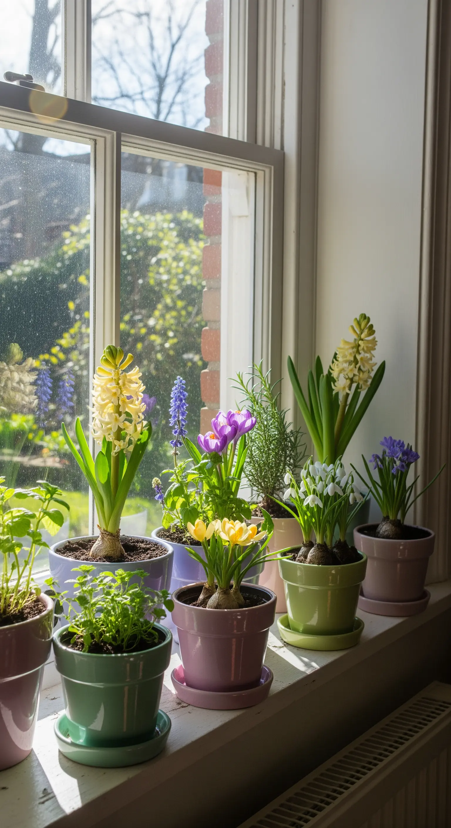 Fensterbank mit Zwiebelblumen in Pastelltöpfen, Hyazinthen, Krokusse